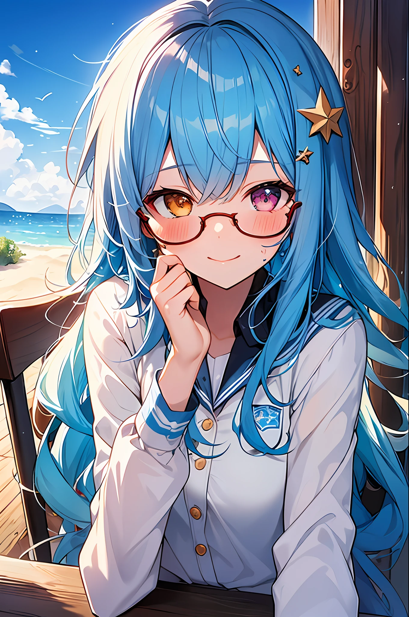 (Masterpiece, Top Quality, Best Quality, Watercolor (Medium), Official Art, Beautiful and Aesthetic: 1.2), (1 Girl: 1.3), (Fractal Art: 1.3), Full Body, Star-shaped Pupil, Watching Viewer, Pattern, (Blue Hair, Light Blue Hair, Half Blue and Half Light Blue Hair: 1.2), Water, Liquid, Cloud, Colorful, Sun, Sunlight, Cheeks Red, Smile, Glasses, Close Up, Heterochromia, (Colorful: 1.5), Wet, school uniform