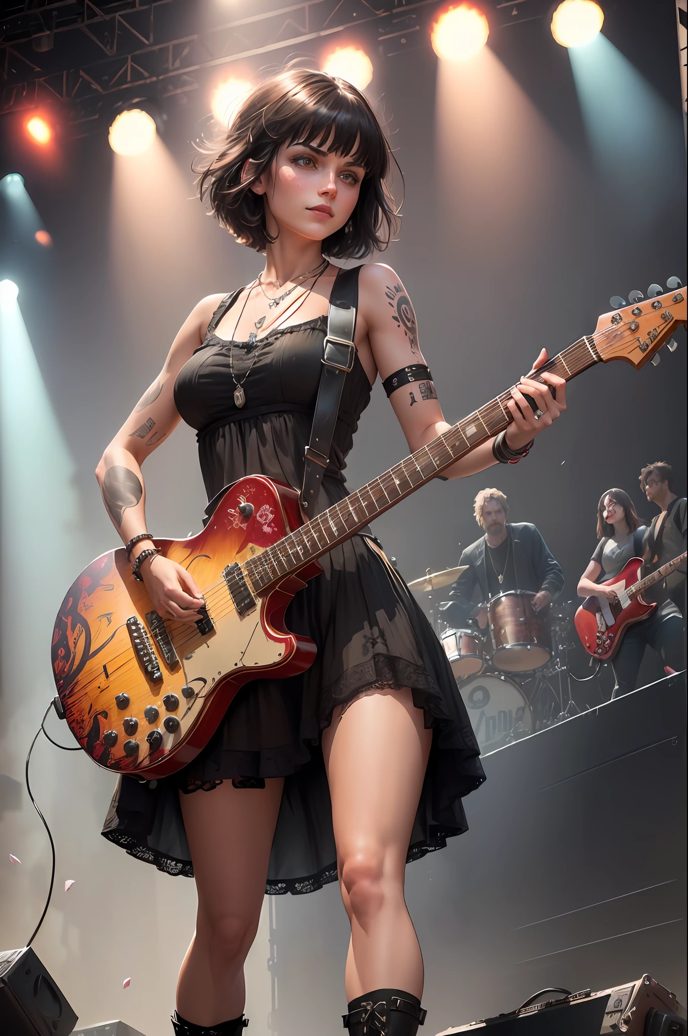 full body, walking pose, slow motion, emo girl rocking a guitar, heavy tattoo girl with gothic sundress, (detail fabric clothing ), red boots, heavy metal and leather guitar stitched, tattoo on the chest, hair, wildly long brown hair with tick bangs, detail face, ((highly detailed skin, visible pores, Short hair with necklace detail jewellery)), tone body, large breasts, (insanely detailed, bloom:1.5), (highest quality, Alessandro Casagrande, Greg Rutkowski, Sally Mann, concept art, 4k), (analog:1.2), (high sharpness), (detailed pupils:1.1), (painting:1.1), (digital painting:1.1), detailed face and eyes, Masterpiece, best quality, (gothic makeup, eyes sahdow and smirking smile, sexy, skinny, thick bangs, beauty), (highly detailed photo:1.1), 8k, photorealistic, automatic white balance, mastoid process, invisible hand, HDR, ((detail background, big concert stage, live performance mucis festival, rock band)), By jeremy mann, by sandra chevrier, by maciej kuciara, sharp, (perfect body:1.1), realistic, real shadow, 3d, (by Michelangelo)