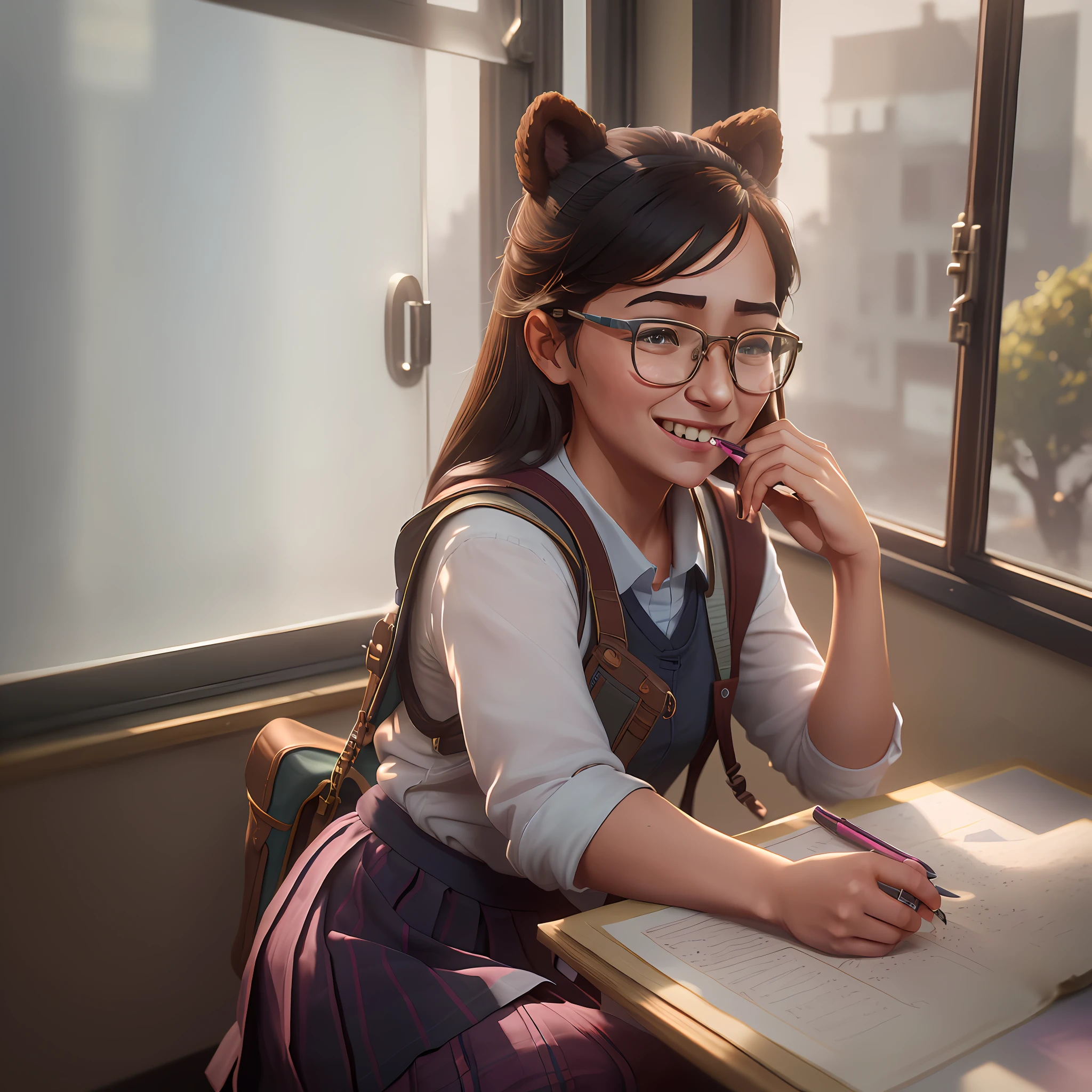 (fresh, campus, soft light and shadow, extreme detail), (a girl in school uniform squinting and smiling by the window), (holding a book, wearing glasses, biting a pen in her mouth), (stationery box and mobile phone on the table), (hanging bear's school bag), (slightly wrinkled skirt)