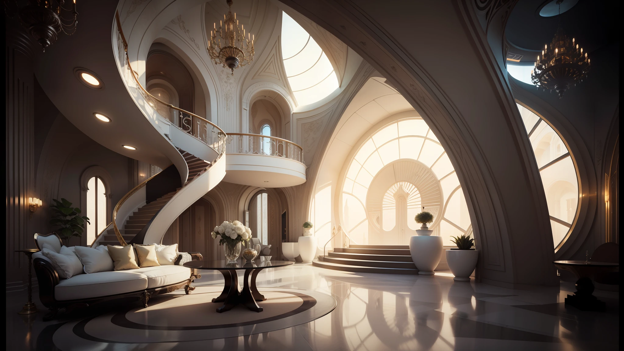 arafed living room with a curved staircase and a circular table, futuristic interior, futuristic architectural art, futuristic persian palace, futuristic looking living room, futuristic room, futuristic decor, neofuturistic highly detailed, futuristic palace, detailed futuristic architecture, retro futuristic apartment, futuristic decoration, futuristic room background, majestic and futuristic, 3d architecture, gothic-futurist architecture --auto --s2