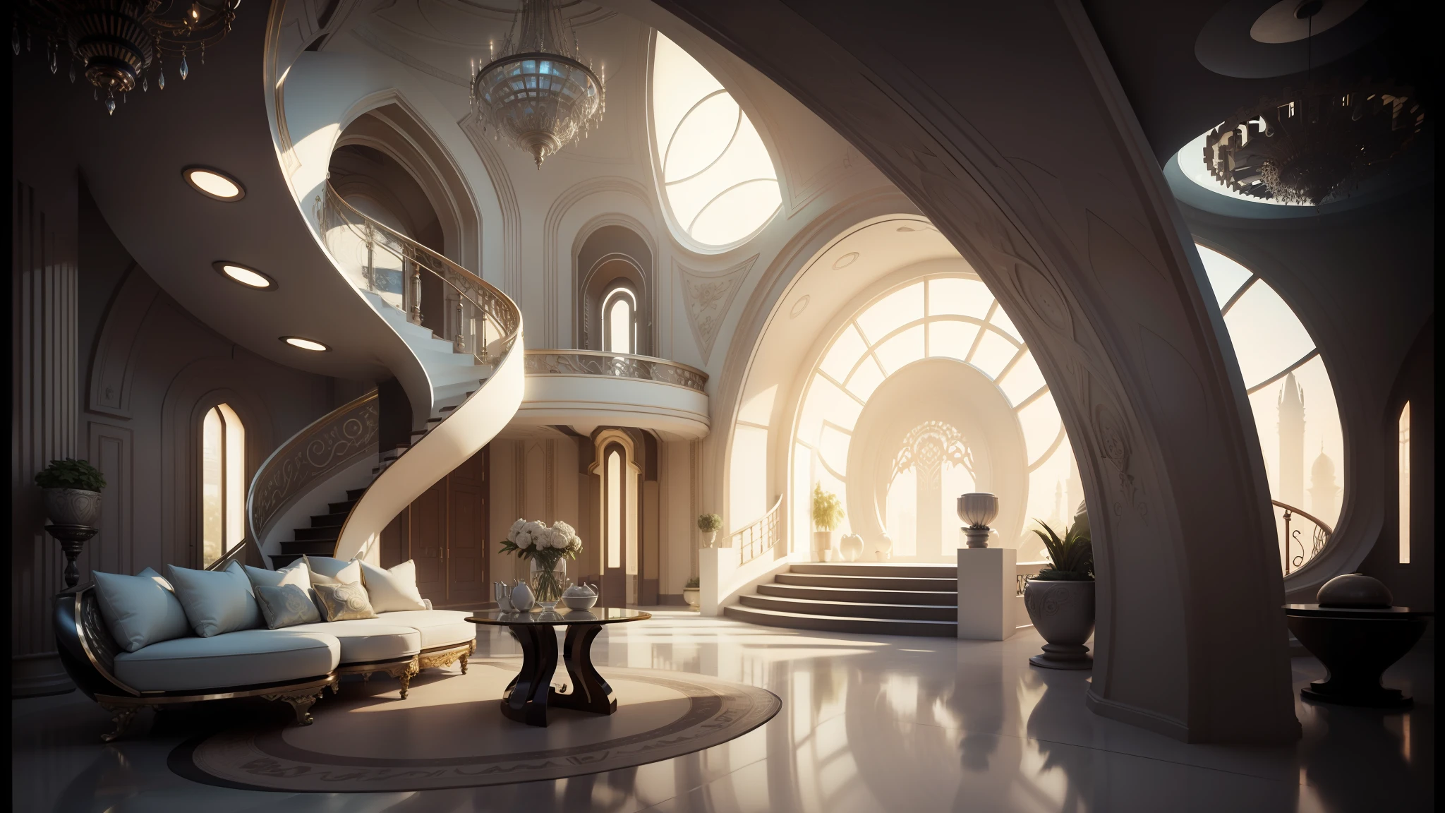 arafed living room with a curved staircase and a circular table, futuristic interior, futuristic architectural art, futuristic persian palace, futuristic looking living room, futuristic room, futuristic decor, neofuturistic highly detailed, futuristic palace, detailed futuristic architecture, retro futuristic apartment, futuristic decoration, futuristic room background, majestic and futuristic, 3d architecture, gothic-futurist architecture --auto --s2