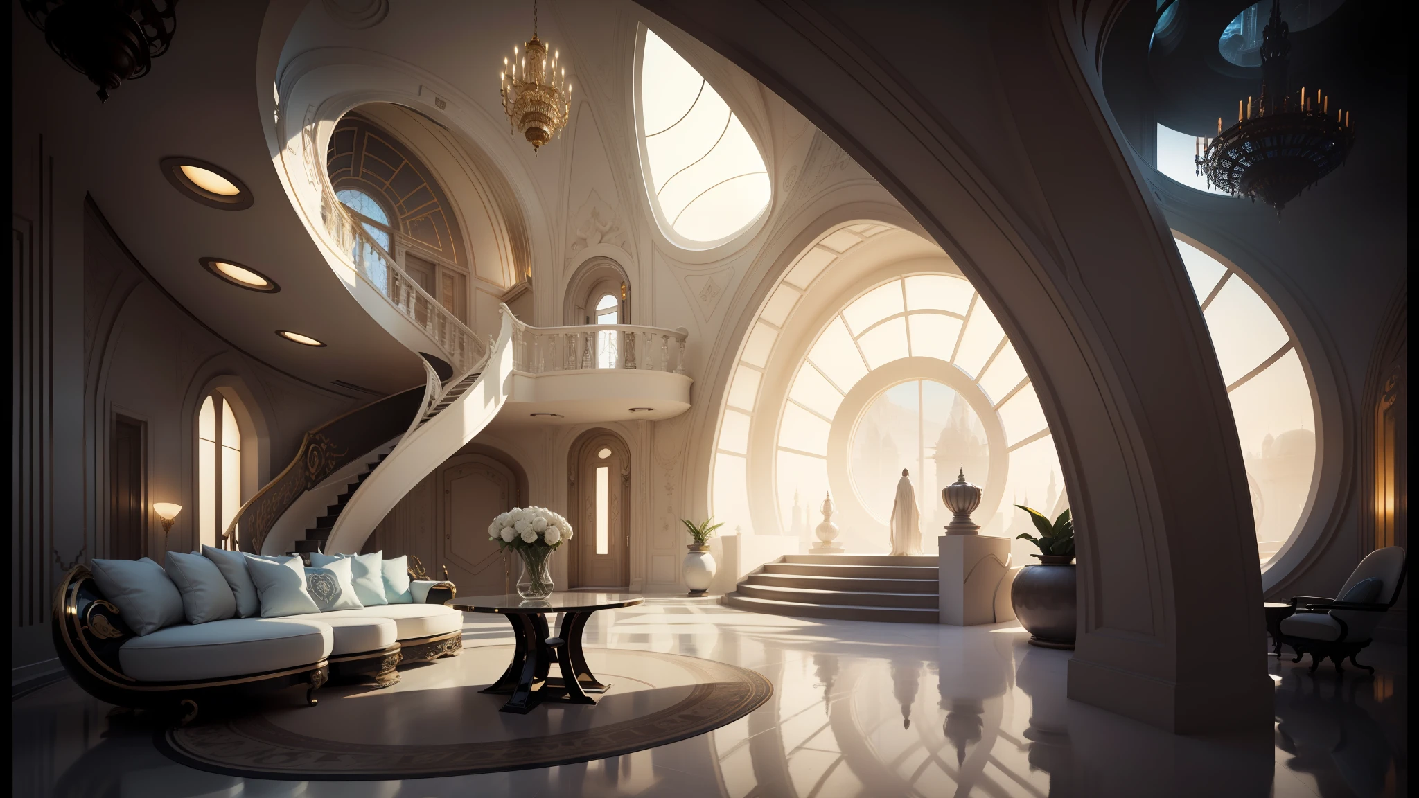 arafed living room with a curved staircase and a circular table, futuristic interior, futuristic architectural art, futuristic persian palace, futuristic looking living room, futuristic room, futuristic decor, neofuturistic highly detailed, futuristic palace, detailed futuristic architecture, retro futuristic apartment, futuristic decoration, futuristic room background, majestic and futuristic, 3d architecture, gothic-futurist architecture --auto --s2