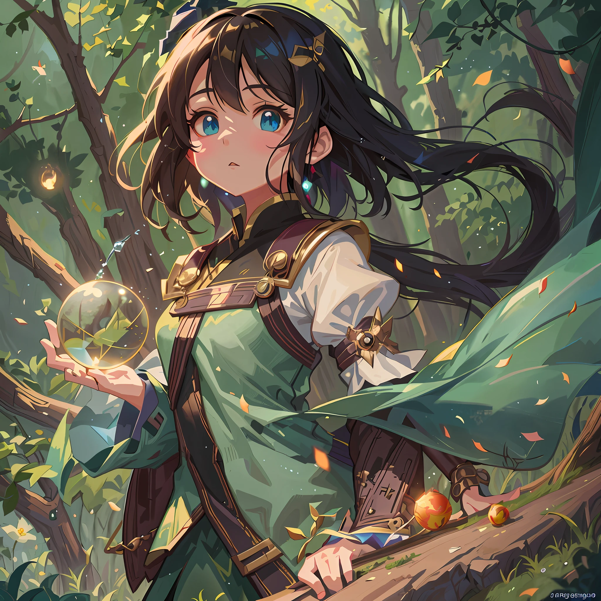 anime girl with long hair holding a crystal ball in her hand, artgerm and atey ghailan, portrait of a forest mage, by Yang J, guweiz on pixiv artstation, keqing from genshin impact, detailed digital anime art, anime fantasy illustration, guweiz on artstation pixiv, artwork in the style of guweiz
