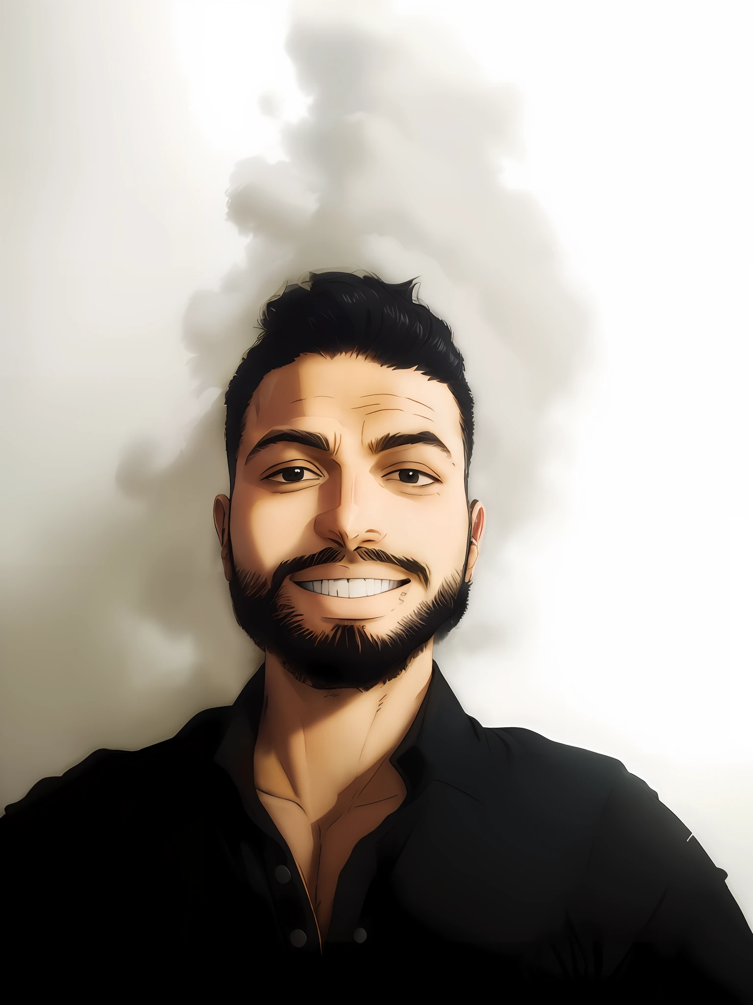 Man with beard and black shirt smiling, headshot profile picture, with small beard, high quality portrait, GTA and One Piece style, Zoro