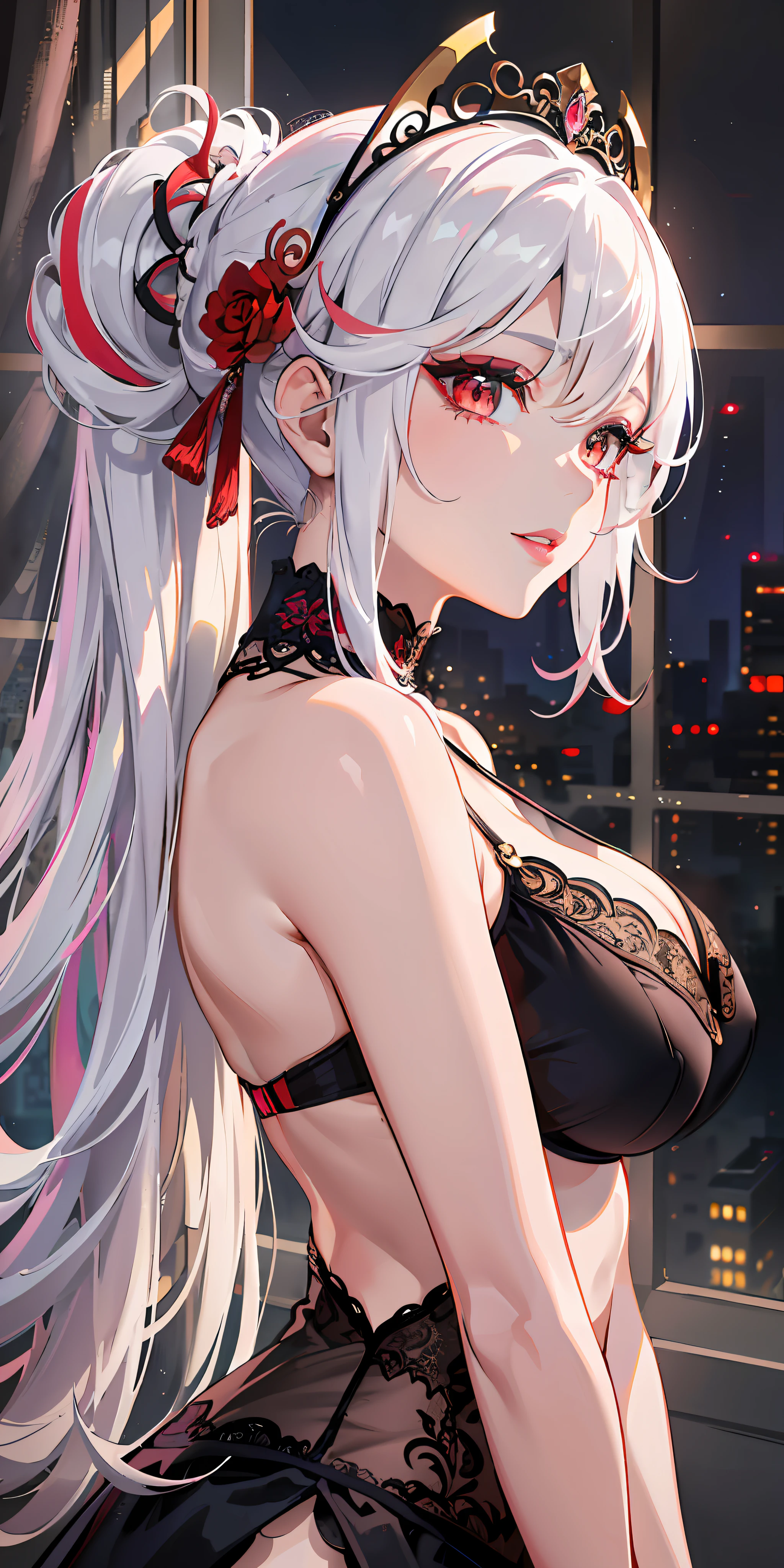masterpiece,CG,wallpaper,high quality,extremely detailed,(city outside the window:1.5)(from side:0.9)1girl,highres,(midriff:1.4)(navel :0.9), highest quallity, illustration, cinematic light, ultra detailed, detailed face, (detailed eyes), best quality, hyper detailed, masterpiece, (detailed face), highest details, luminous eyes, medium breats, black halo, white clothes, backlighting, light rays, (high contrast), (colorful),(red eyeshadow:1.2), (pink lips:1.1),funeral dress,(ornate hair ornament),large breasts, seductive smile,white hair,streaked hair,colored inner hair,(ornate bra),(ear piercing:1.05), tiara,(areola slip:1.2),ponytail,(veil:0.9),