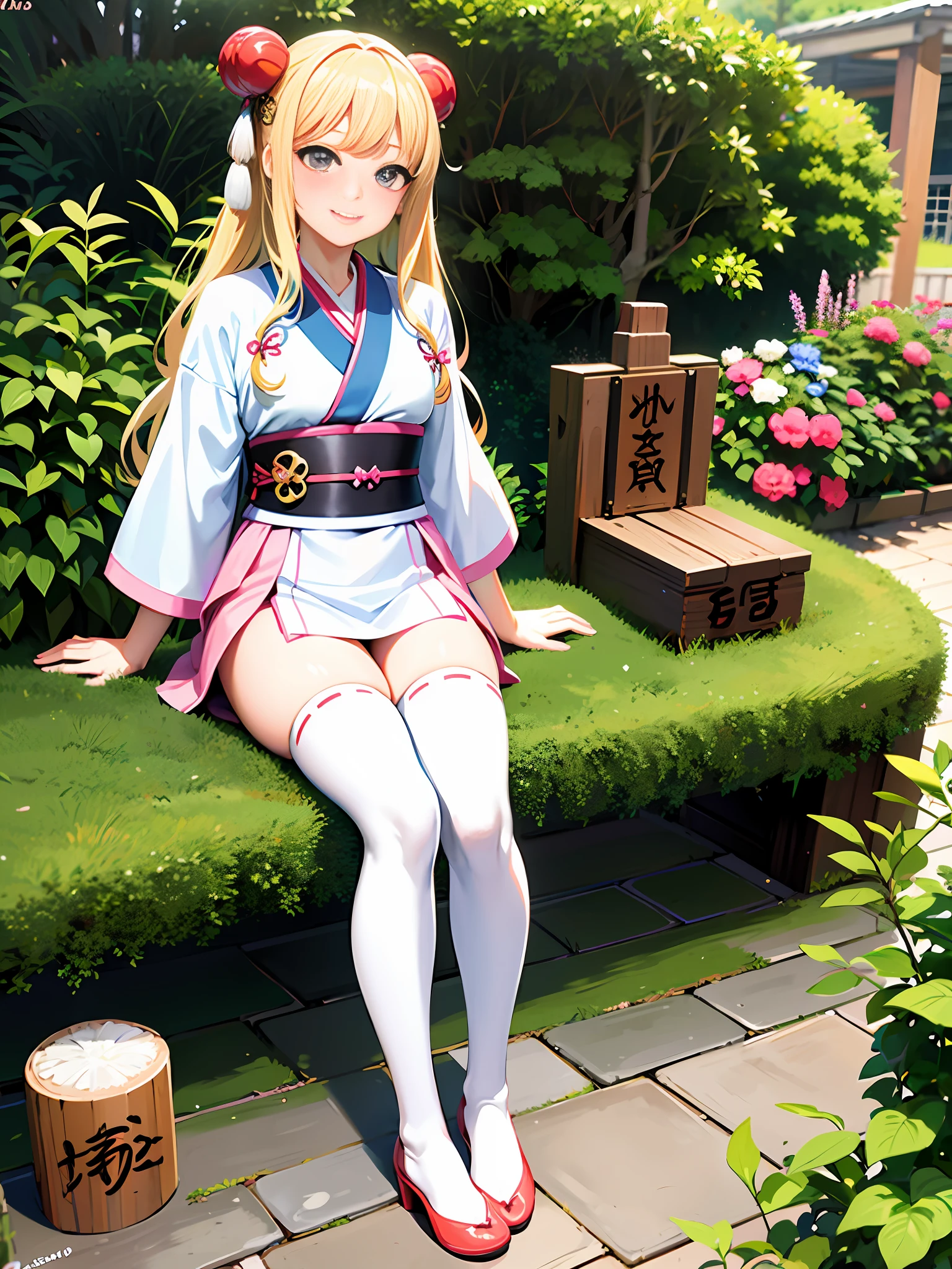 Woman sitting on a bench in the garden, anime girl cosplay, Japan goddess, kimono inspired by Sukenobu Nishikawa, anime cosplay, real life anime girl, cosplay photo, realistic anime style, anime barbie in white stockings, anime girl squatting, ayaka cosplay, Japan clothes, anime goddess, blonde