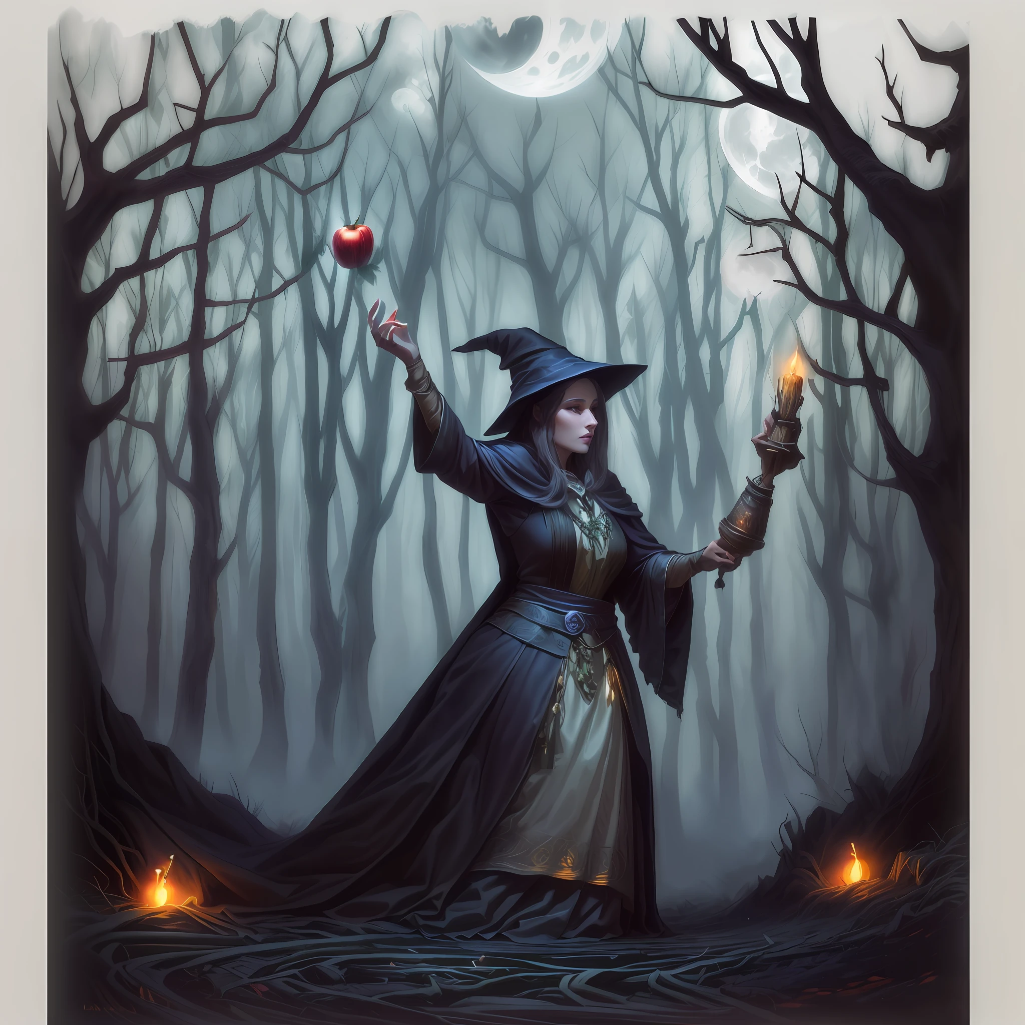 witch holding a glowing apple in a dark forest with a full moon, witch in the woods, female mage conjuring a spell, evil sorceress witch, classical witch, sorcerer magic witch, dark fantasy female magician, beautiful witch female, witch woman, beautiful female witch, dark robed witch, a witch, beautiful witch spooky female
