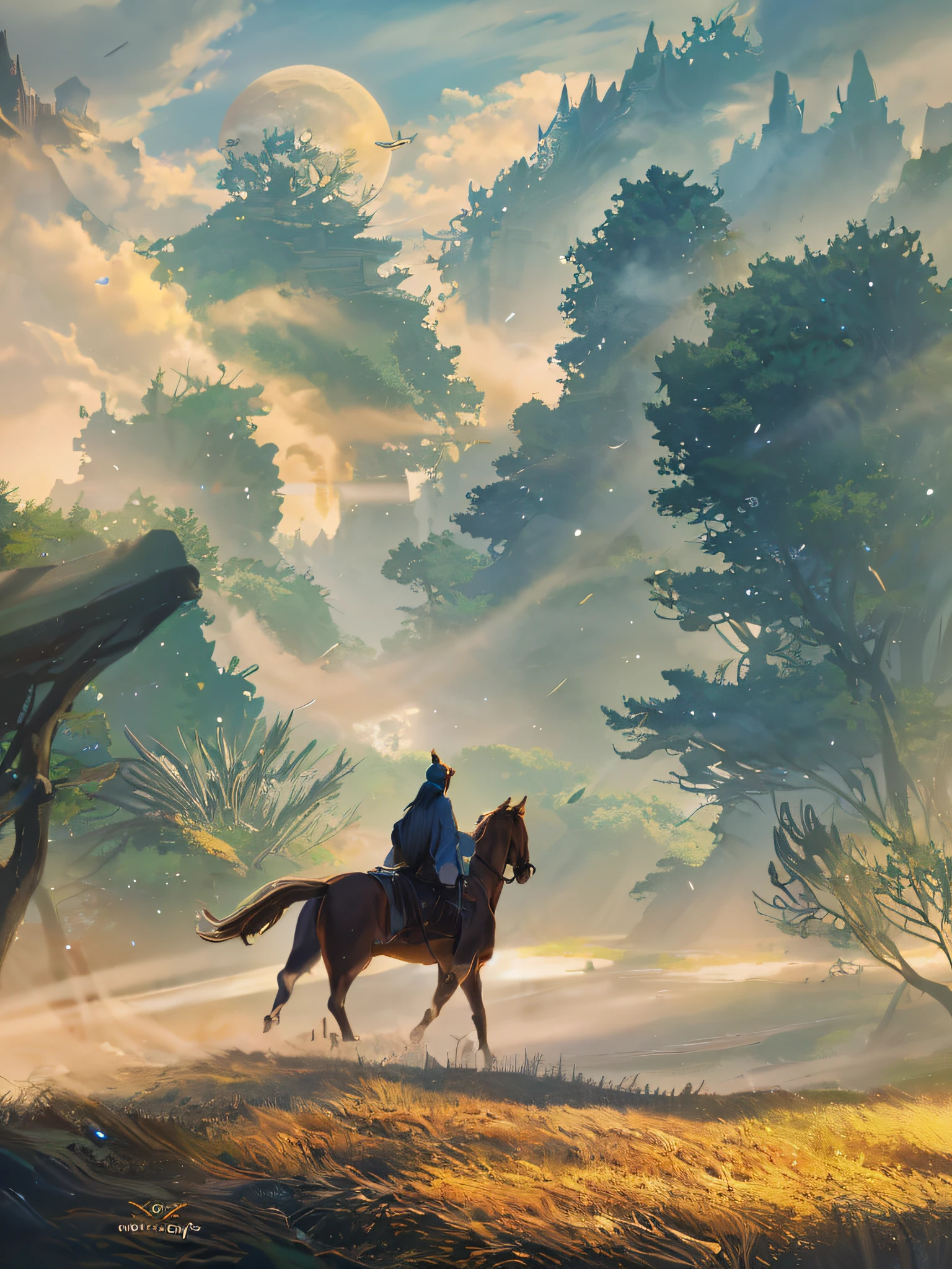 there is a man riding a horse in the foggy forest, galloping through the forest, horse warrior, lonely rider, by Yang J, riding a giant silver wolf, moody misty fantasy art, by jeonseok lee, published concept art, guweiz, by Guan Daosheng, by Shen Quan, by Huang Shen, mist, illustration concept art
