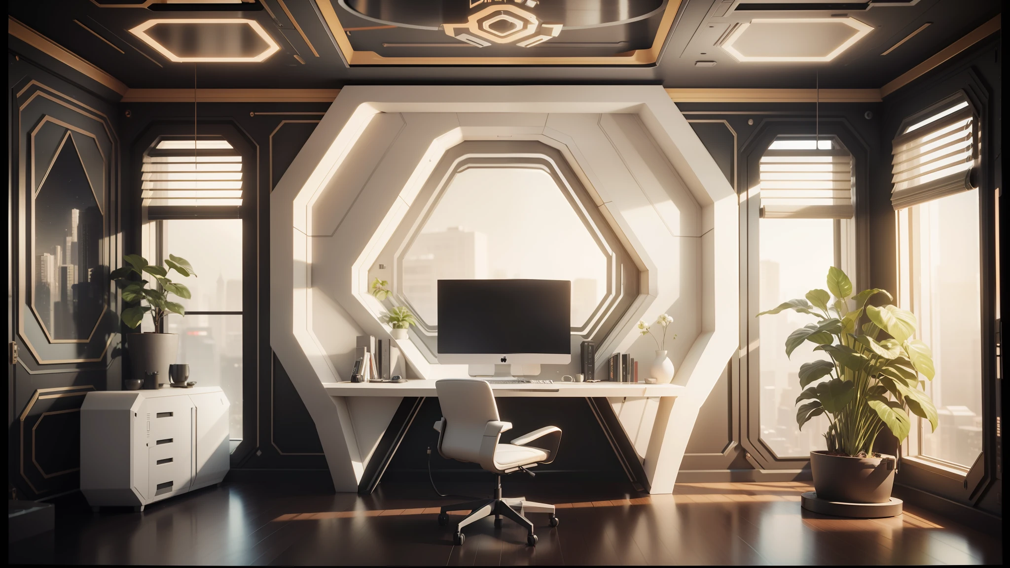 there is a computer desk with a chair and a vase in the corner, cgsociety 9, jessica rossier color scheme, retro futuristic apartment, futuristic. game cg, rendered in lumion pro, sci - fi interior, octane render : :, rendered in lumion, matte painting of steam machines, from a 2 0 1 9 sci fi 8 k movie --auto --s2