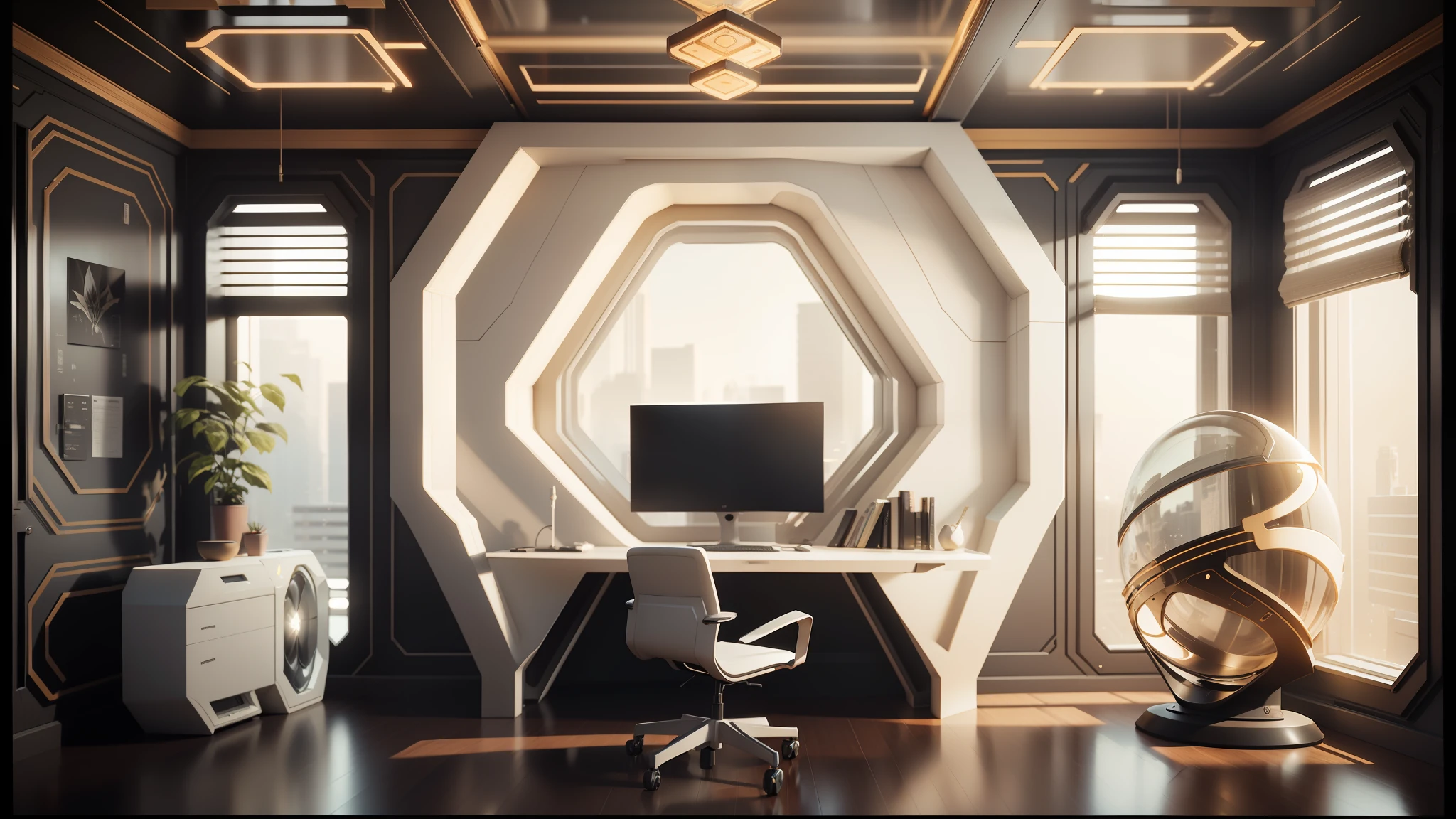 there is a computer desk with a chair and a vase in the corner, cgsociety 9, jessica rossier color scheme, retro futuristic apartment, futuristic. game cg, rendered in lumion pro, sci - fi interior, octane render : :, rendered in lumion, matte painting of steam machines, from a 2 0 1 9 sci fi 8 k movie --auto --s2