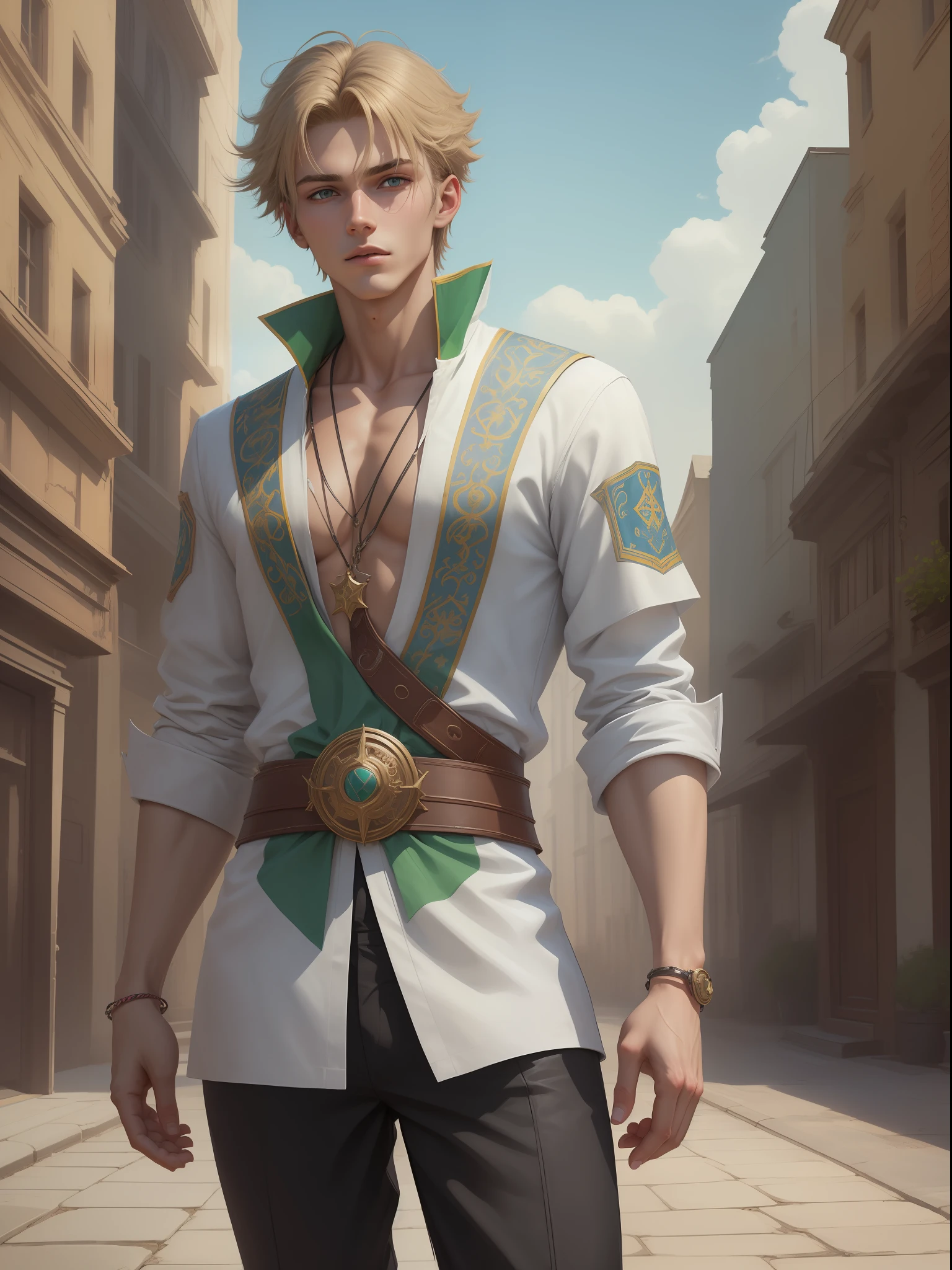 Concept art, full-length, man, guy, 20 years old, Russian, handsome guy, slim physique, Slavic appearance, light clothes, summer clothes, Slavic clothes, detailed, solar god, god of summer sun, god of summer, blue colors, green and yellow shades, Slavic jewelry, on a white background, no background, no background in the background, full growth, dark blond hair, blond hair, beautiful shades,  the character is visible in full, the legs are visible, the whole character is placed in the composition