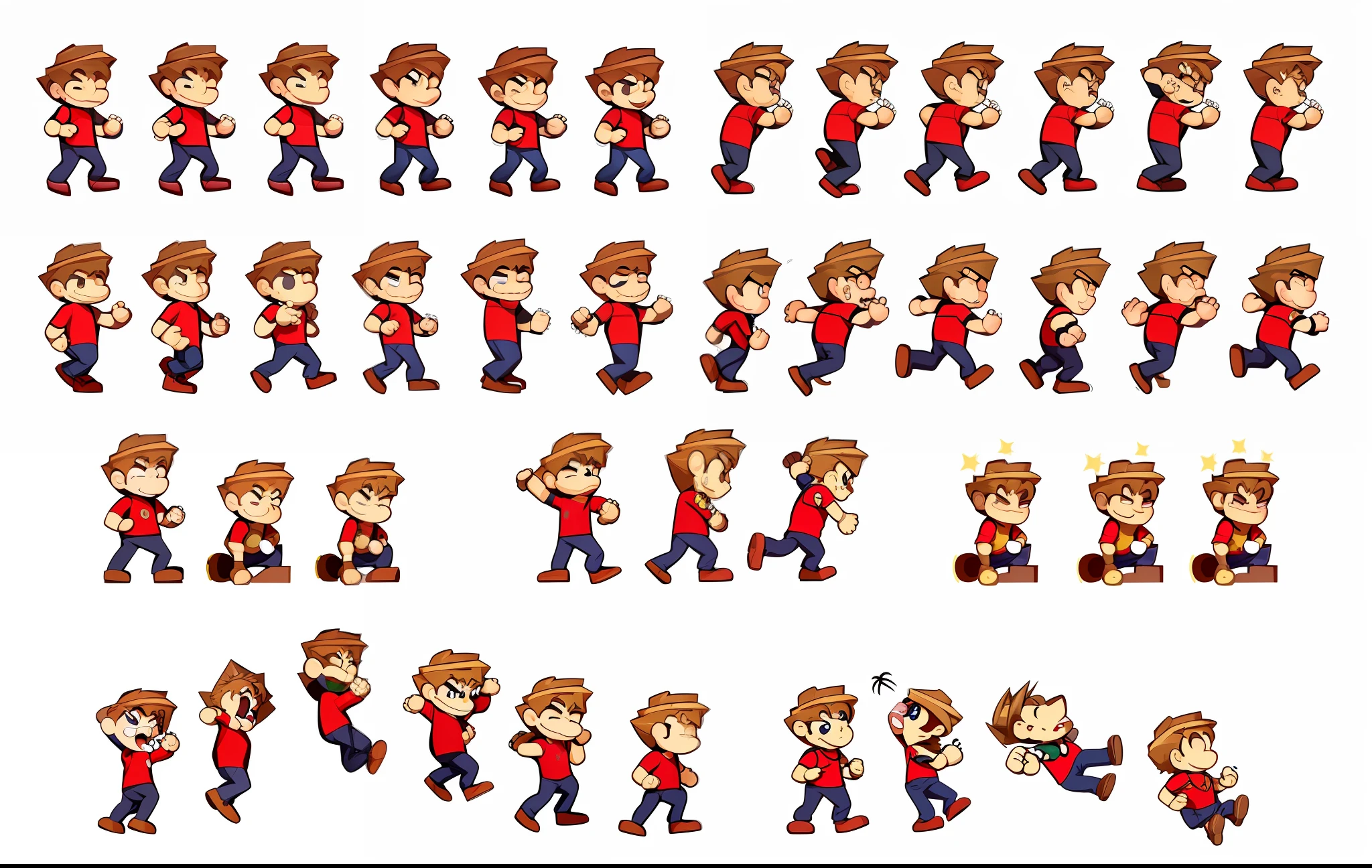 a set of cartoon boy poses with various expressions, mario sprite sheet walk cycle, videogame sprite, spritesheet, sprite sheet, 2 d sprite, full body sprite, 2 d sprites, sprite 2 d, pixel art sprite, set of high quality hd sprites, sprites, game concept art sprite sheet, vfx spritesheet!!!!!, in fighter poses