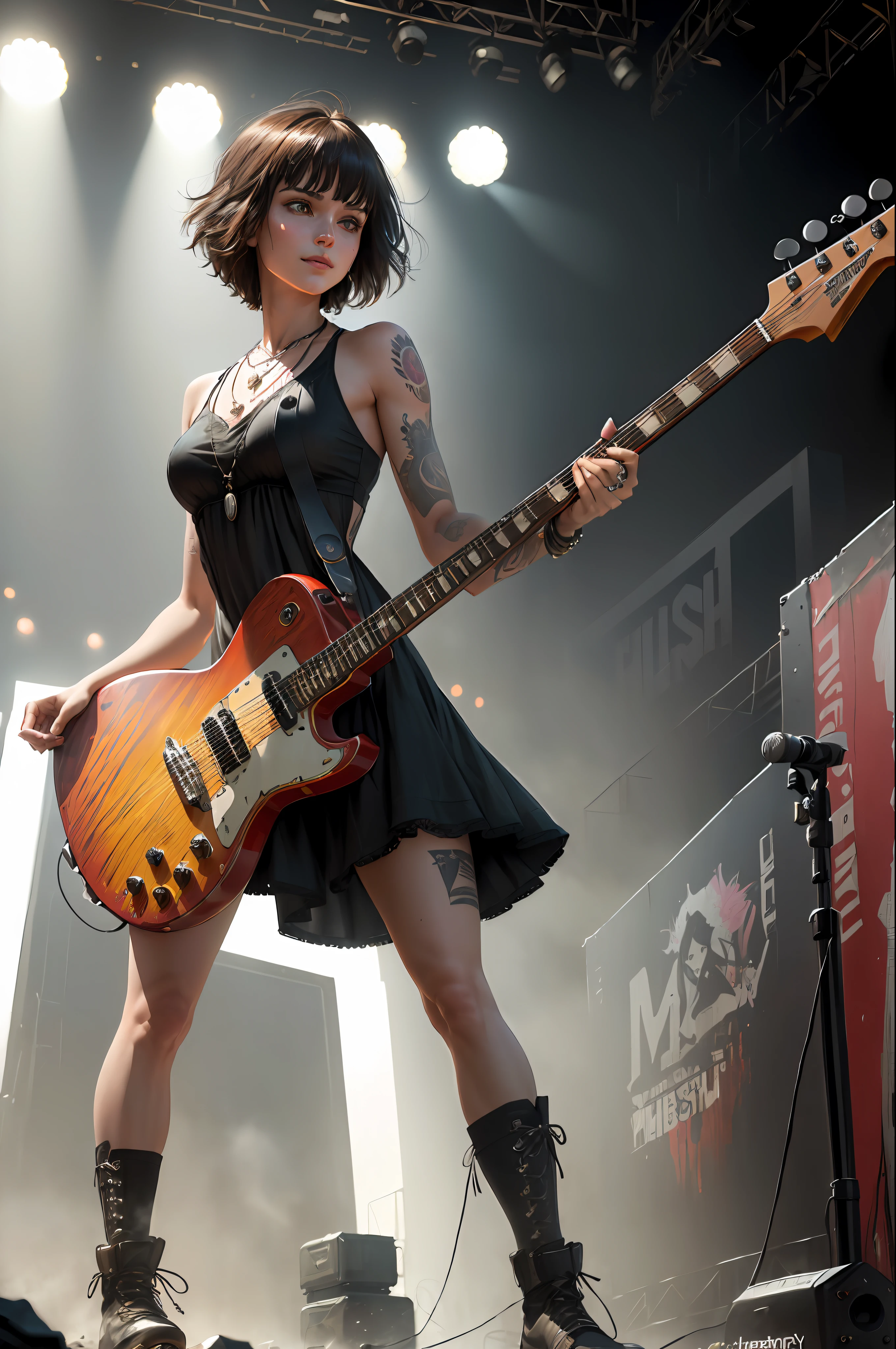 full body, walking pose, slow motion, emo girl rocking a guitar, heavy tattoo girl with gothic sundress, (detail fabric clothing ), red boots, heavy metal and leather guitar stitched, tattoo on the chest, hair, wildly long brown hair with tick bangs, detail face, ((highly detailed skin, visible pores, Short hair with necklace detail jewellery)), tone body, large breasts, (insanely detailed, bloom:1.5), (highest quality, Alessandro Casagrande, Greg Rutkowski, Sally Mann, concept art, 4k), (analog:1.2), (high sharpness), (detailed pupils:1.1), (painting:1.1), (digital painting:1.1), detailed face and eyes, Masterpiece, best quality, (gothic makeup, eyes sahdow and smirking smile, sexy, skinny, thick bangs, beauty), (highly detailed photo:1.1), 8k, photorealistic, automatic white balance, mastoid process, invisible hand, HDR, ((detail background, big concert stage, live performance mucis festival, rock band)), By jeremy mann, by sandra chevrier, by maciej kuciara, sharp, (perfect body:1.1), realistic, real shadow, 3d, (by Michelangelo)