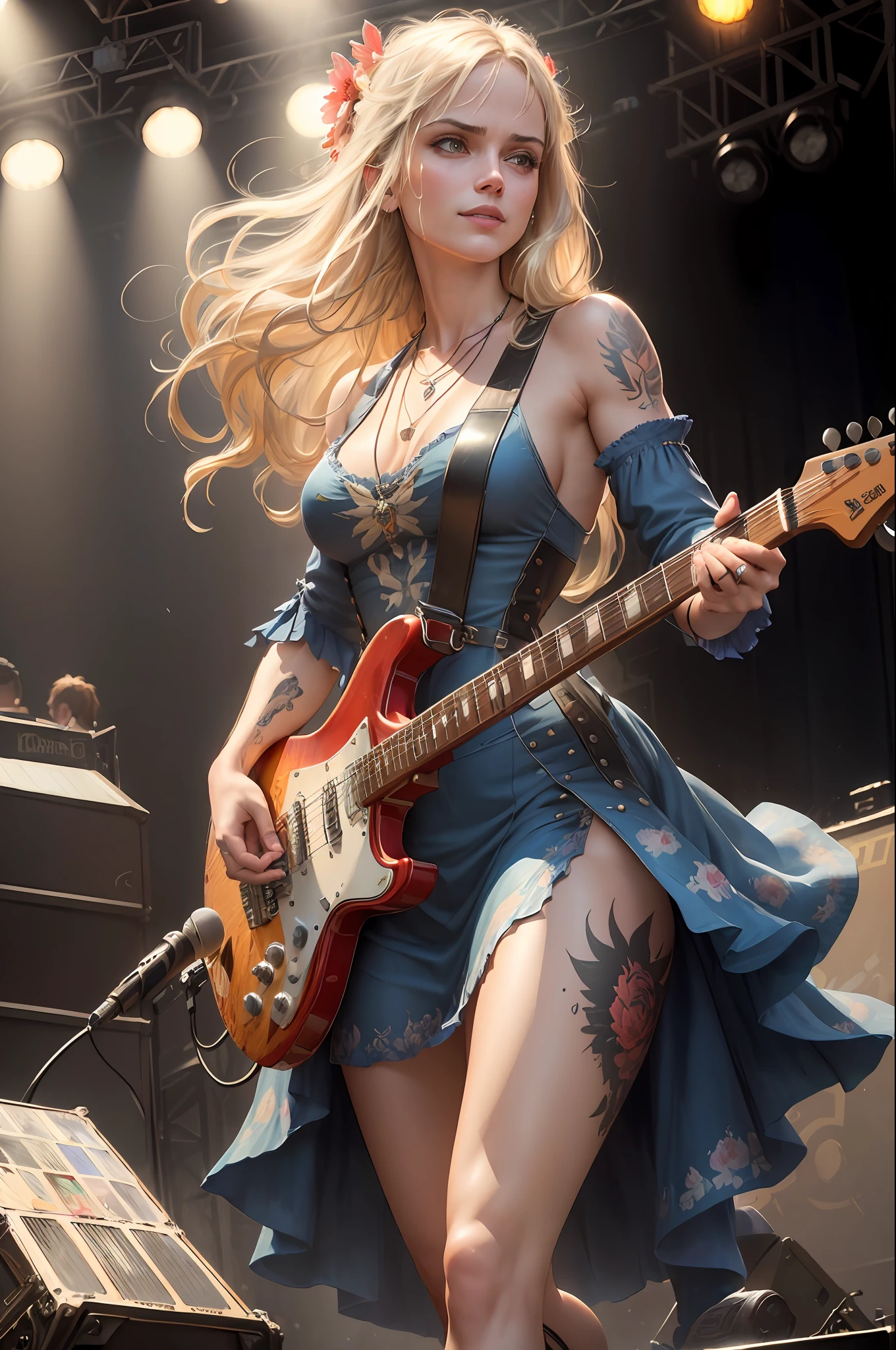 full body, walking pose, slow motion, a woman rocking a guitar, heavy tattoo girl with blue short dress, (detail fabric clothing ), red boots, heavy metal and leather guitar stitched, tattoo on the chest, wildly long blonde hair, detail face, ((highly detailed skin, visible pores, long hair with necklace detail jewellery)), tone body, large breasts, (insanely detailed, bloom:1.5), (highest quality, Alessandro Casagrande, Greg Rutkowski, Sally Mann, concept art, 4k), (analog:1.2), (high sharpness), (detailed pupils:1.1), (painting:1.1), (digital painting:1.1), detailed face and eyes, Masterpiece, best quality, (gothic makeup, eyes sahdow and smirking smile, sexy, sensual, skinny, thick bangs, beauty), (highly detailed photo:1.1), 8k, photorealistic, automatic white balance, mastoid process, invisible hand, HDR, ((detail background, big concert stage, live performance mucis festival, rock band)), By jeremy mann, by sandra chevrier, by maciej kuciara, sharp, (perfect body:1.1), realistic, real shadow, 3d, (by Michelangelo)