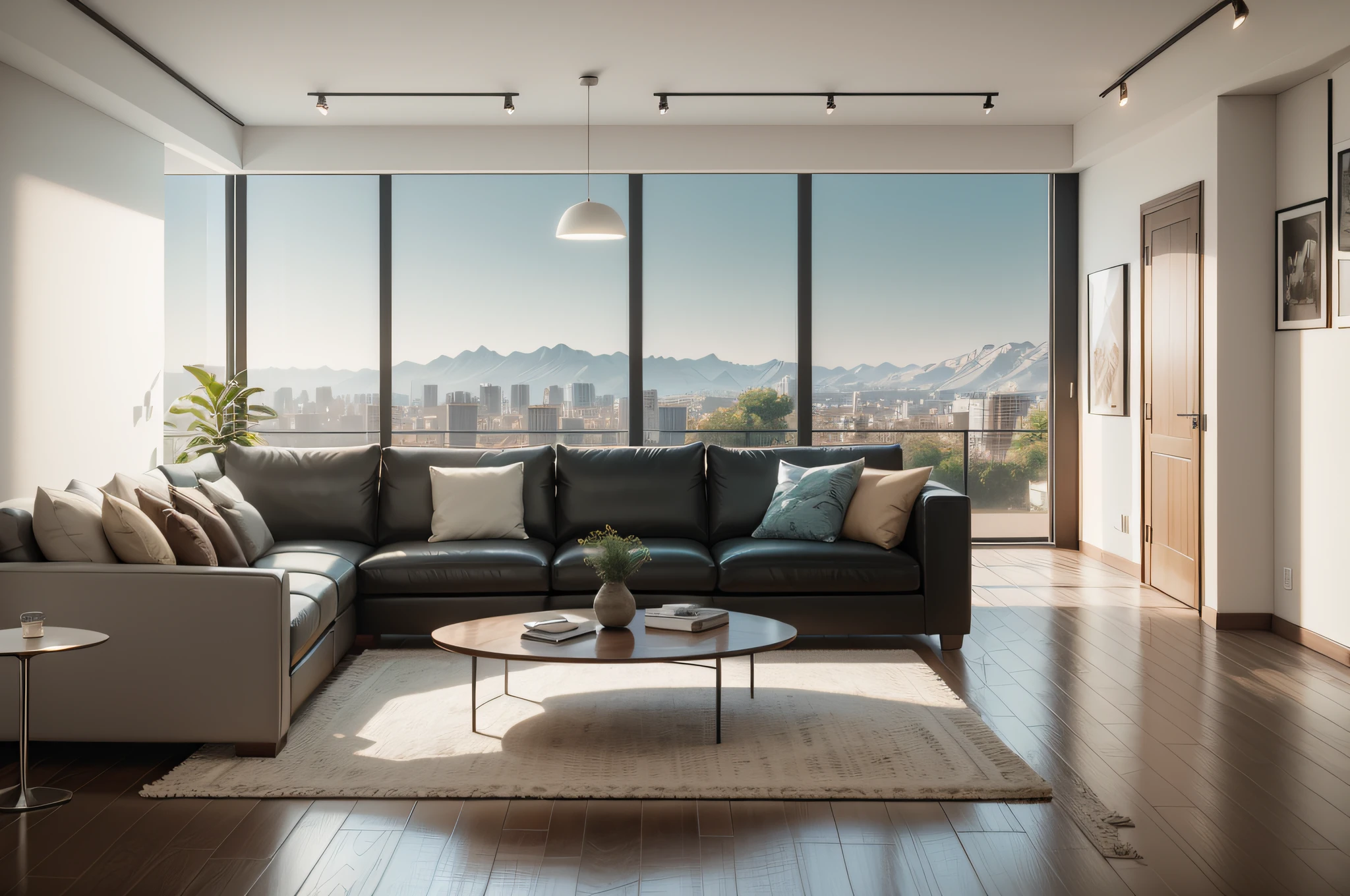 arafed living room with a couch, coffee table, and stairs, cozy living room background, living room background, living room wall background, placed in a large living room, interior of a living room, hyper realistic detailed render, natural light in room, interior background, interior white wall, interior design background, placed in a living room, picture of a loft in morning --auto --s2