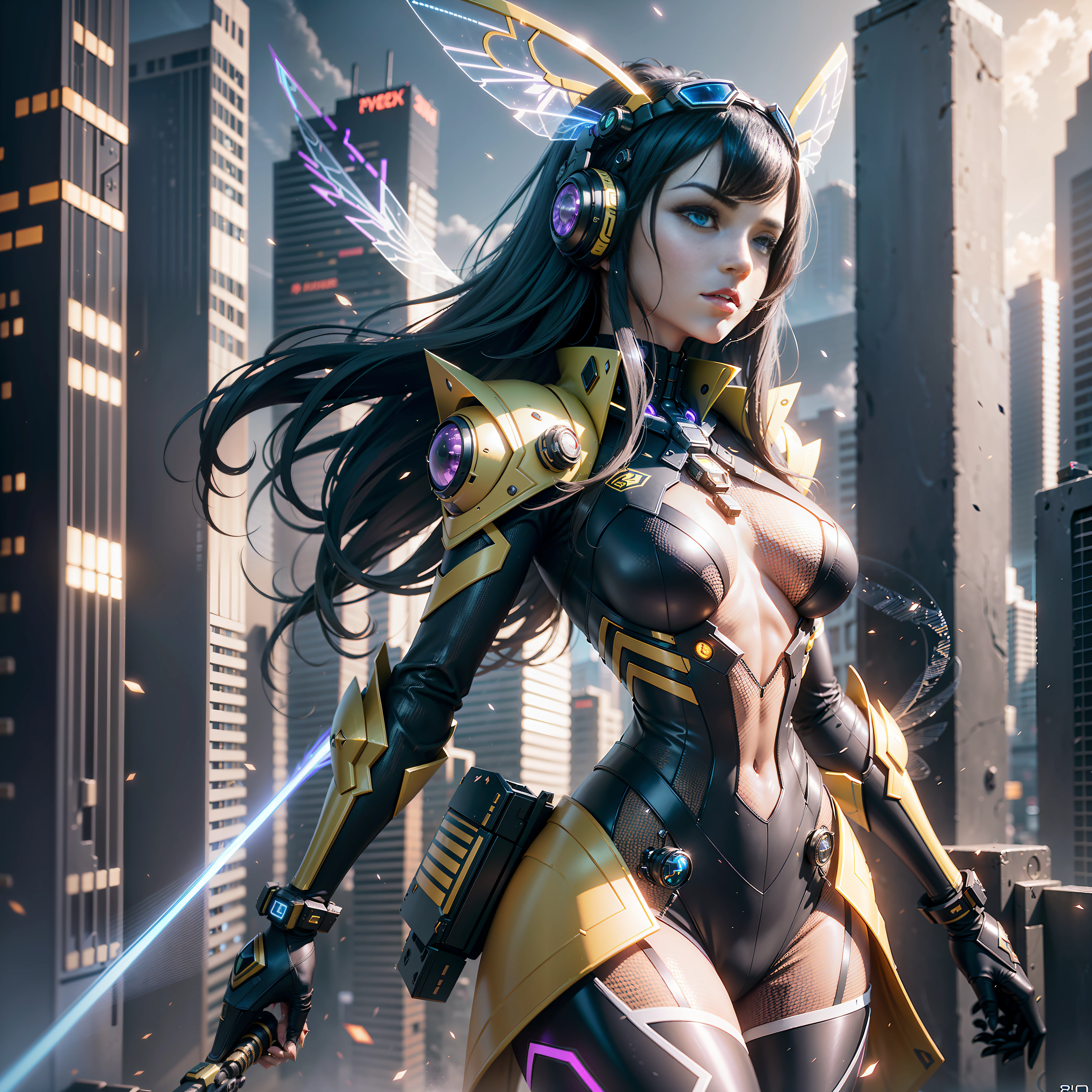 ((Best Quality)), (Masterpiece)), (Details:1.4), 3D, Image of a beautiful hornet woman in a ruffled dress-like cyberpunk suit), (Tactile antenna on head), (Cyber rapier with bee decoration), Shocker's Belt, (Optical Insect Wings), (Add Black Full Face Helmet with Cyberlens)), Countless Flying Bee Swarms, HDR( High Dynamic Range), Ray Tracing, NVIDIA RTX, Super Resolution, Unreal 5, Subsurface Scattering, PBR Texturing, Post-Processing, Anisotropic Filtering, Depth of Field, Maximum Clarity and Sharpness, Multilayer Textures, Albedo and Specular Maps, Surface Shading, Accurate simulation of light and material interaction, perfect proportions, cyber bee woman, purple long hair, sharp eyeliner, (full body)), sharp focus, octane rendering, two-tone lighting, wide aperture, low ISO, white balance, rule of thirds, 8k raw, circuit board ai, 4k, fog, night city background, Beautiful Western Girl