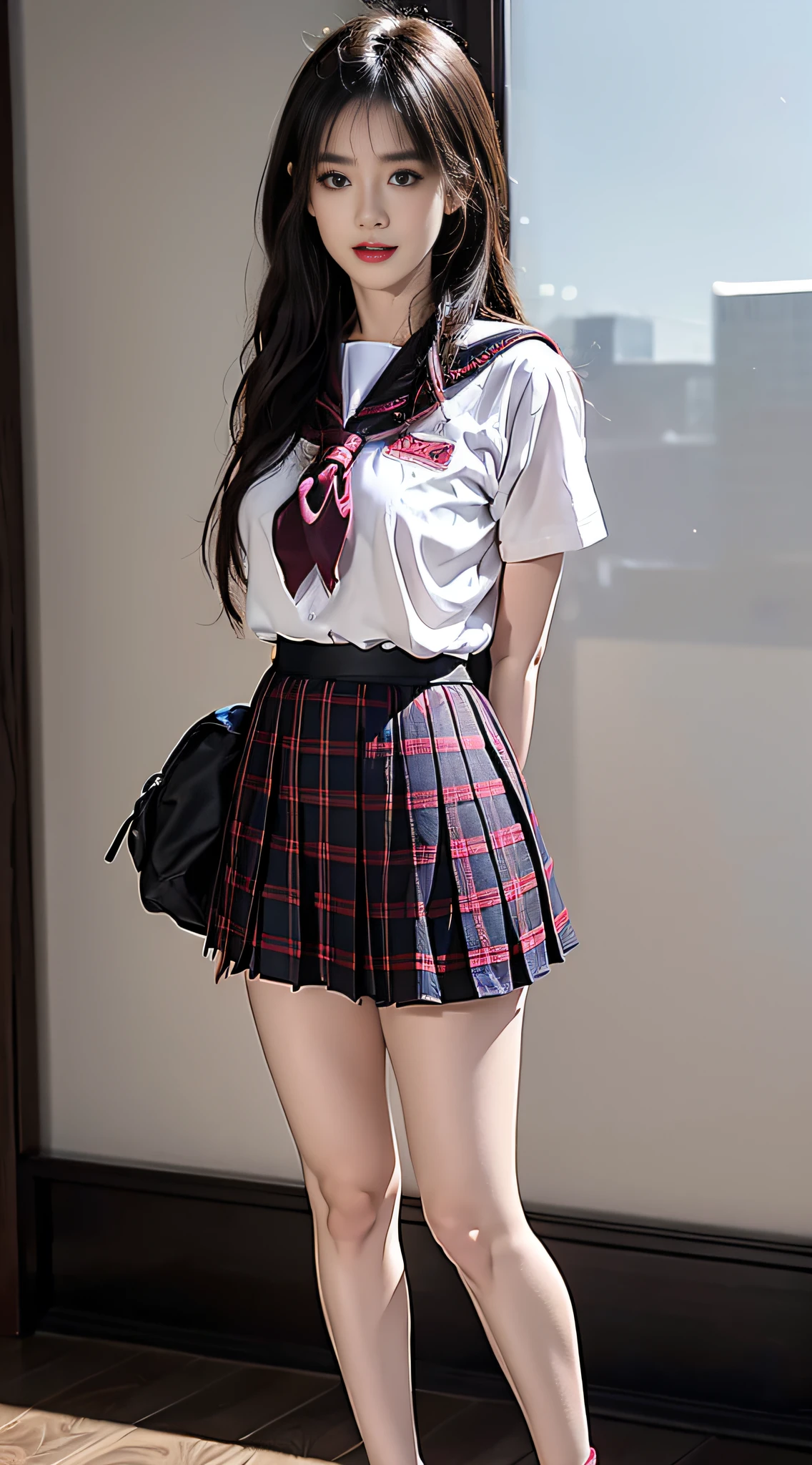1girl, solo, indoors, long hair, serafuku, looking at viewer, black hair, arms behind back, pleated skirt, neckerchief, plaid, plaid skirt, sailor collar, short sleeves, brown eyes, day, red neckerchief, standing, brown hair, realistic, best quality, ultra high res, (photorealistic:1.4), perfect light, small breasts, parted lips, black thighs, full body, best quality, ultra high res, (photorealistic:1.4),