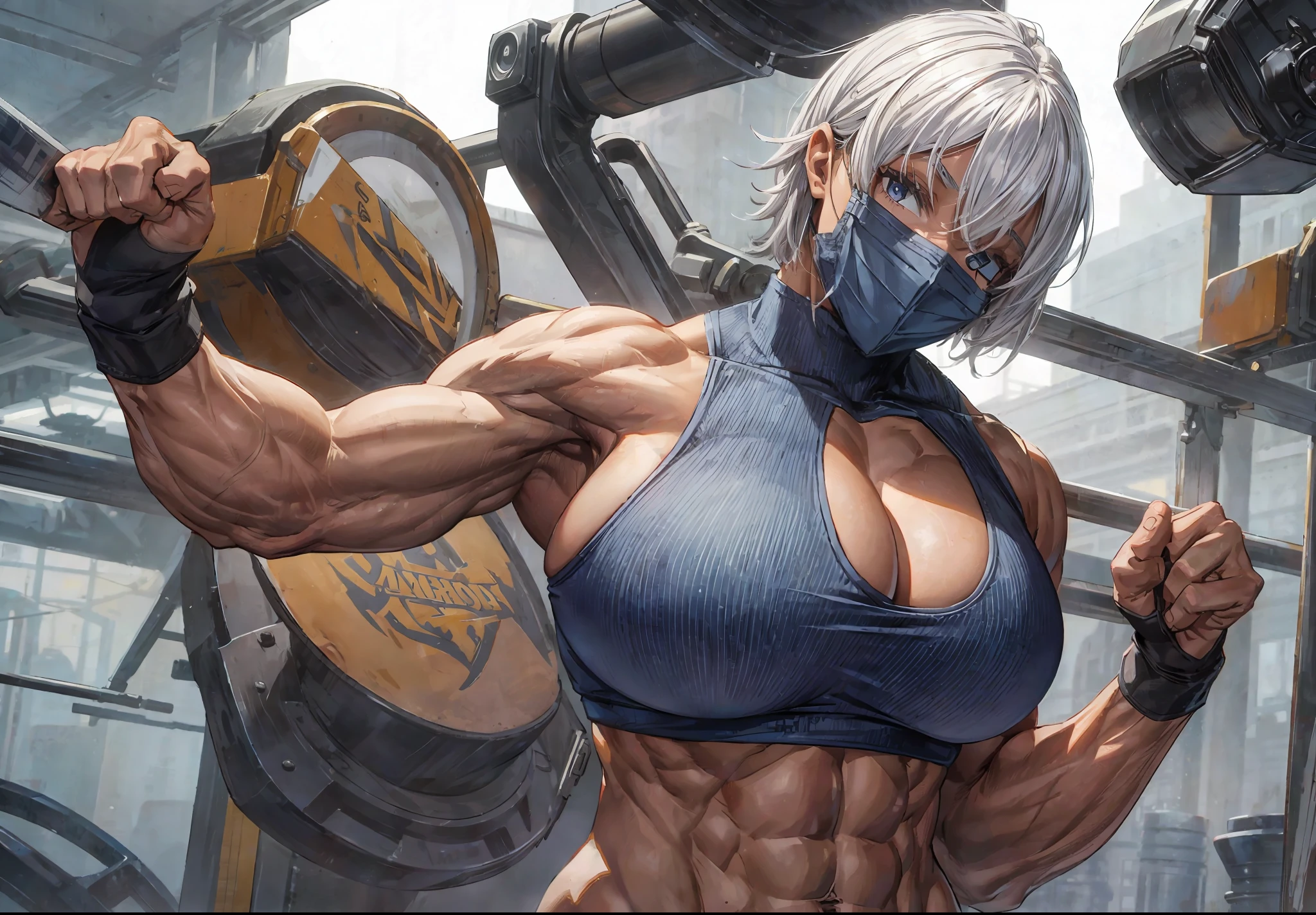 highly detailed, muscular girl in the gym area with her abs and muscle clearly visible, realistic painting, by Michael S. Smith, flexing pose, dynamic pose, (body_builder:1), (dark_skin:0.5),(1girl:1),(big_body:1.5),(big_boobs:1.5),(muscular_body:0.9),white hair,((upper_body)), short hair, laugh with sharp teeth, (mouth_mask:1),camera from back