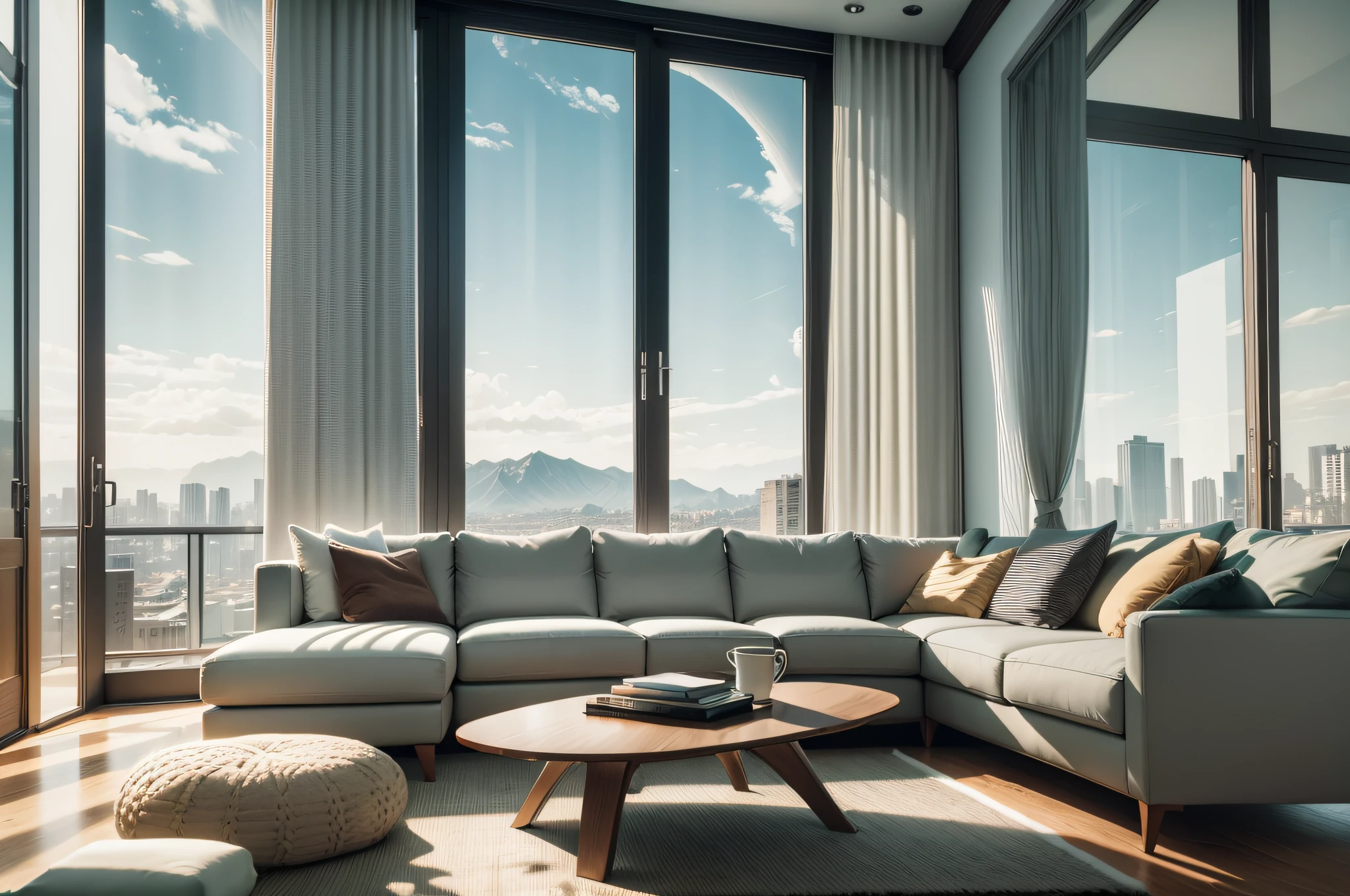 arafed living room with a couch, coffee table, and stairs, cozy living room background, living room background, living room wall background, placed in a large living room, interior of a living room, hyper realistic detailed render, natural light in room, interior background, interior white wall, interior design background, placed in a living room, picture of a loft in morning --auto --s2