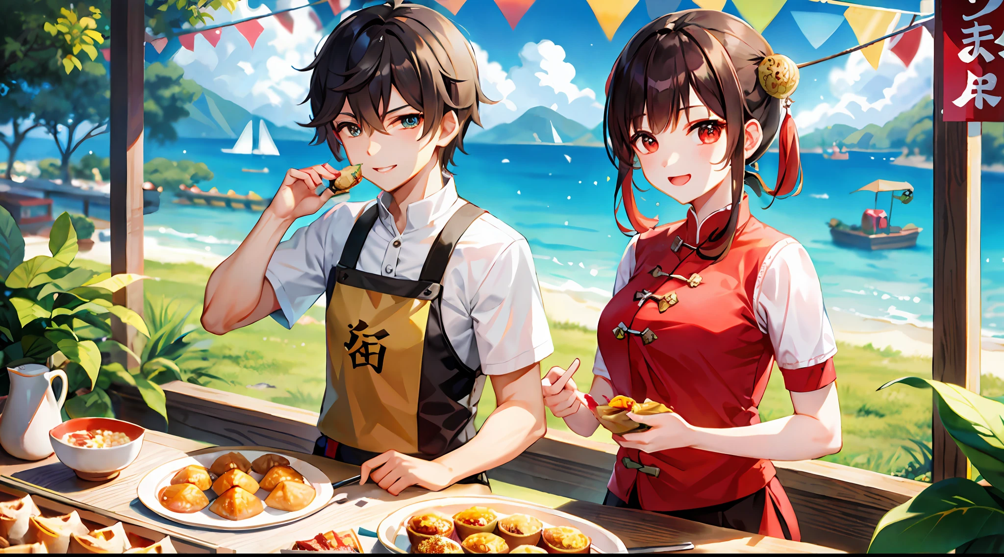 Dragon Boat Festival, cute, couples eat zongzi