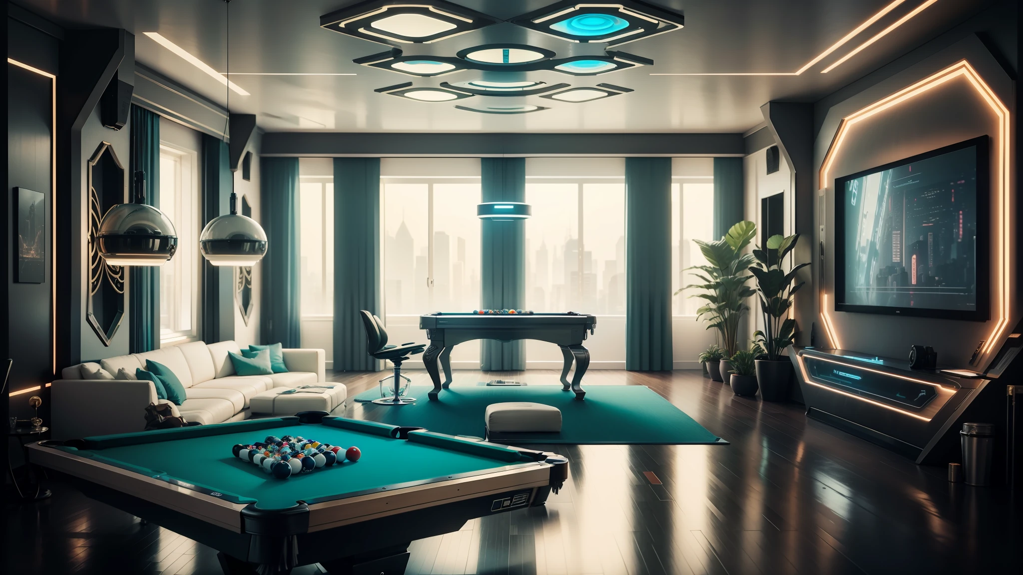 a close up of a pool table in a room with a pool table, futuristic room, gaming room in 2 0 4 0, futuristic looking living room, retro futuristic apartment, poolrooms, futuristic room background, futuristic decor, futuristic interior, futuristic persian palace, vaporwave mansion, futuristic. game cg, unreal engine 5 : :, gaming room, large futuristic residence --auto --s2
