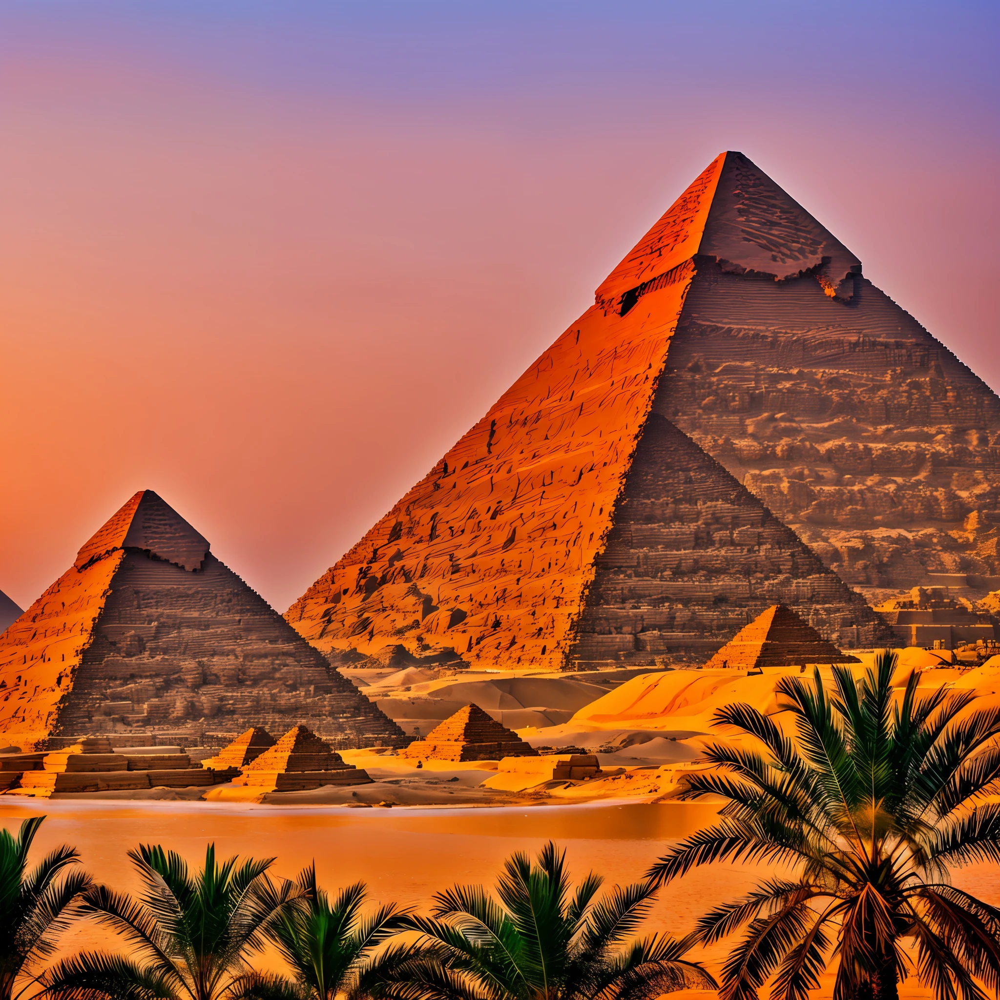 pyramids of egypt with nile river palm trees at sunset --auto --s2