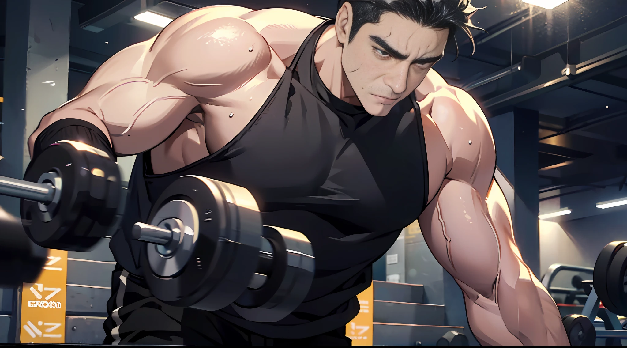 A middle-aged man, gym, black shorts, black top, sweating, dumbbell lift, medium shot, particle effects around men, (masterpiece: 1.2), best quality, masterpiece, hired, original, extremely detailed wallpaper, perfect lighting, (very detailed CG: 1.2),