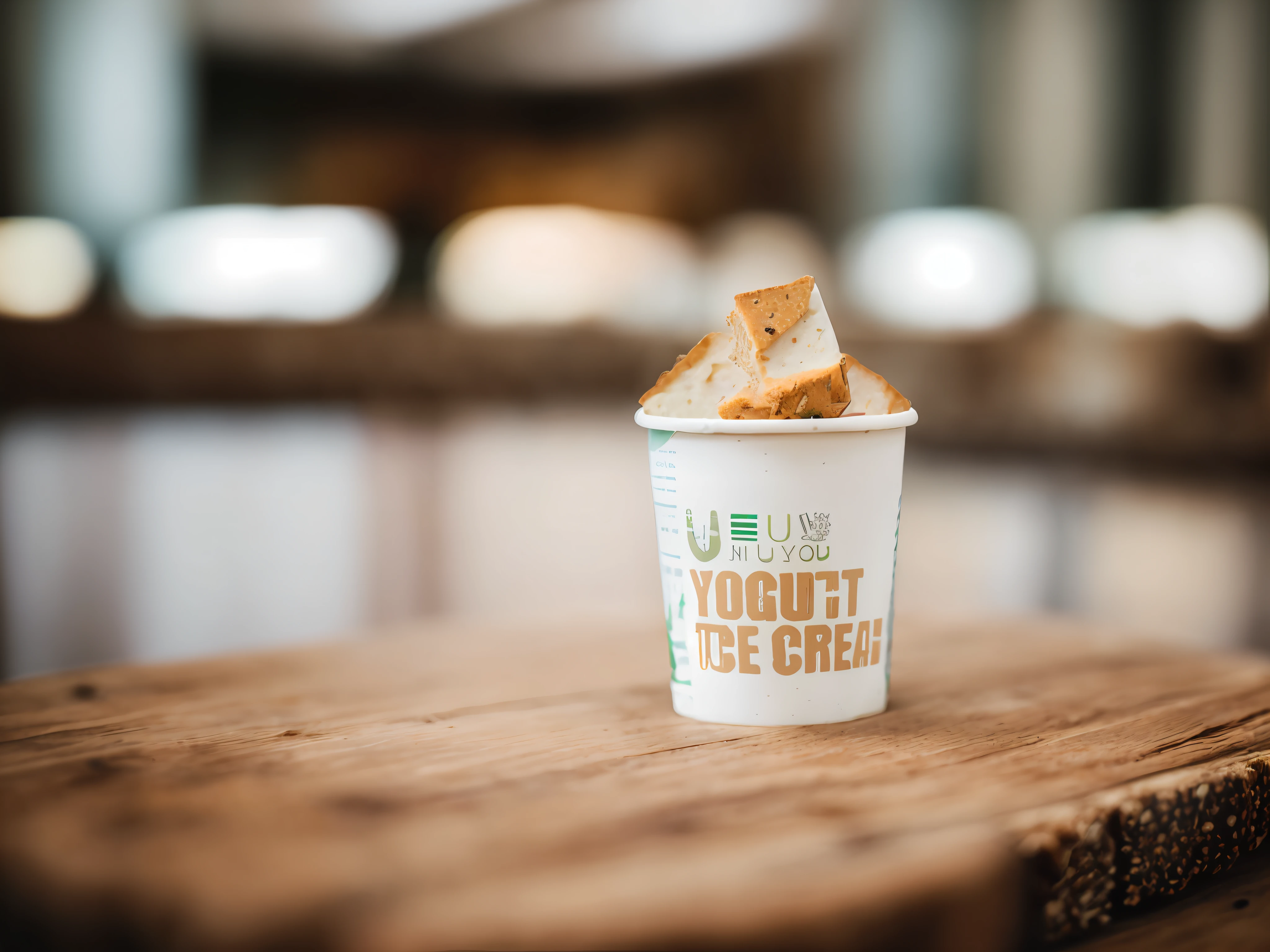 RAW photo of BLT paper yogurt cup, (rustic dinner background), seed bread, pepper jack cheese, (intricate detail: 1.12), (intricate detail, hyper detail: 1.15), realistic, ultra-realistic photo, 8k uhd, dslr, soft light, high quality, film grain, Fujifilm XT3, (masterpiece)