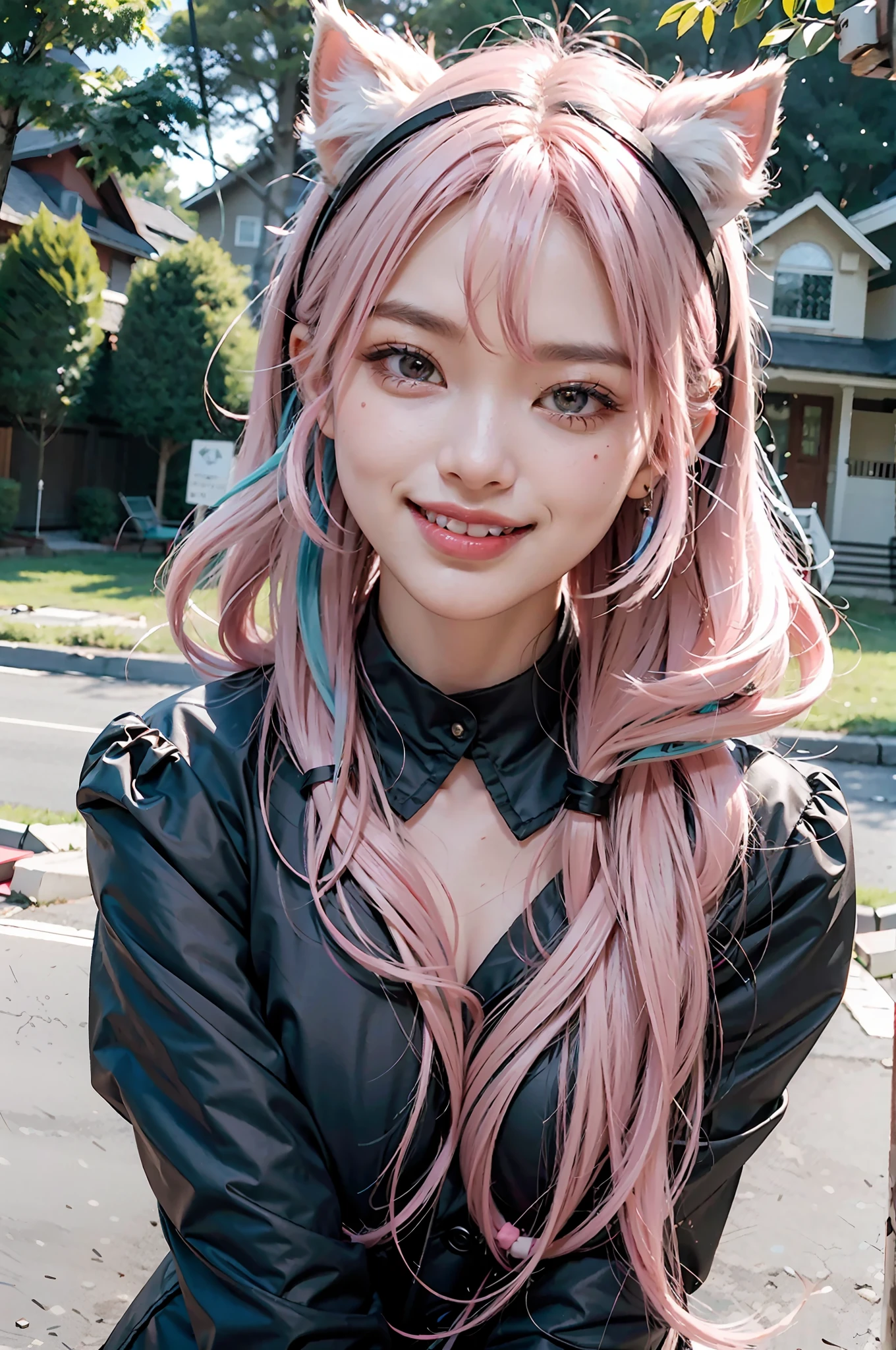 black hair, hair bobbles, wince, longeyelashes, solid circle eyes, fake animal ears, light smile, ear blush, fang, pink hair, mismatched pupils, light smile, Surrealism, drop shadow, anaglyph, stereogram, tachi-e, pov, atmospheric perspective, drop shadow, 8k, super detail, ccurate, best quality