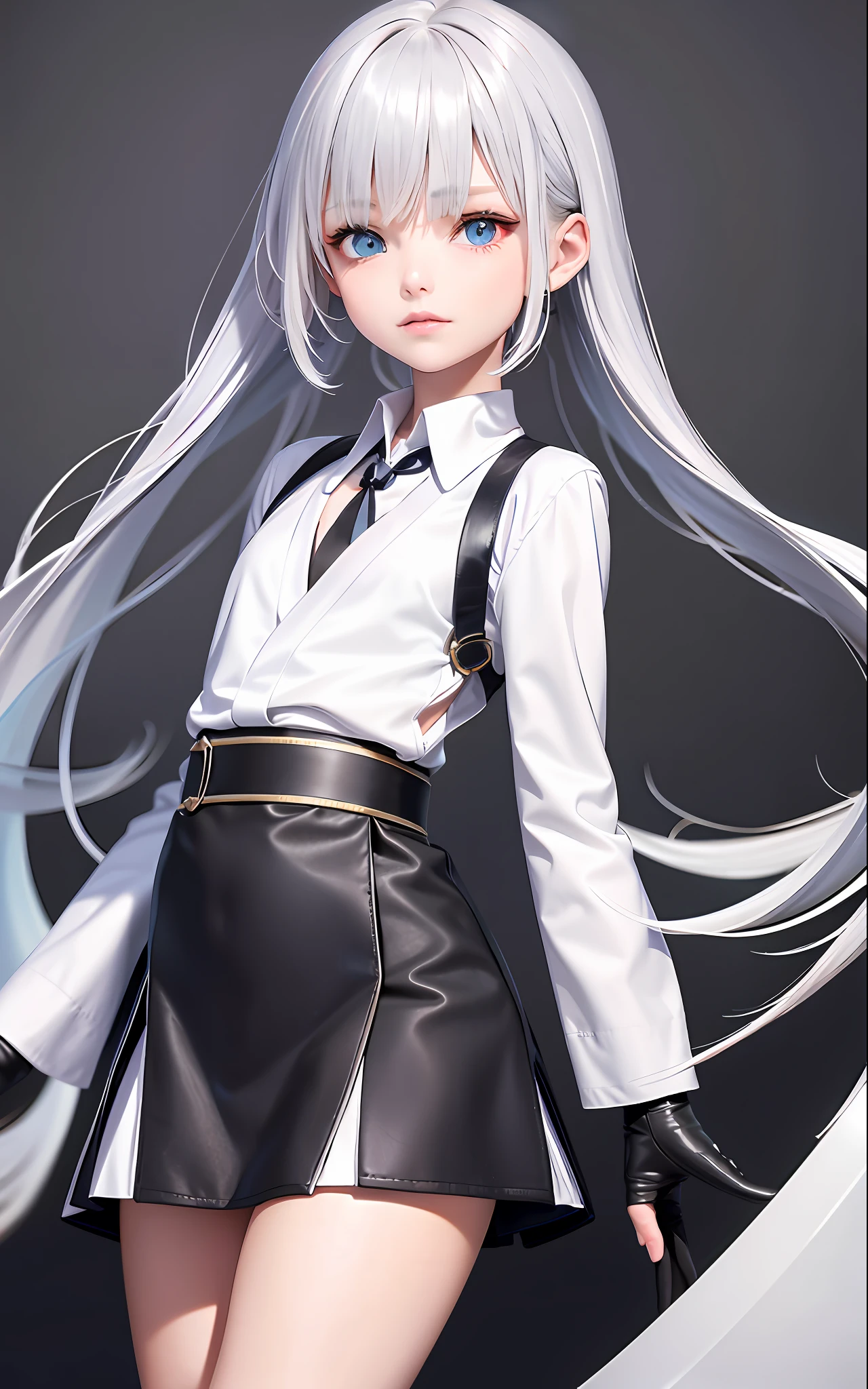 Superb Quality, Masterpiece, High Resolution, Best Quality, UHD, Super Detail, Award-Awarded, 16k, (Upper Body), A Beautiful Maiden, Gray Hair, Hair, ((Heterochromia)), Hanging Corners, Fair Skin, (Small Breasts), (Slim Body), (Japanese Student Uniform with Chest-Length Small Blazer and Short Skirt)), (Collar), (Short gloves as short as half a palm)
