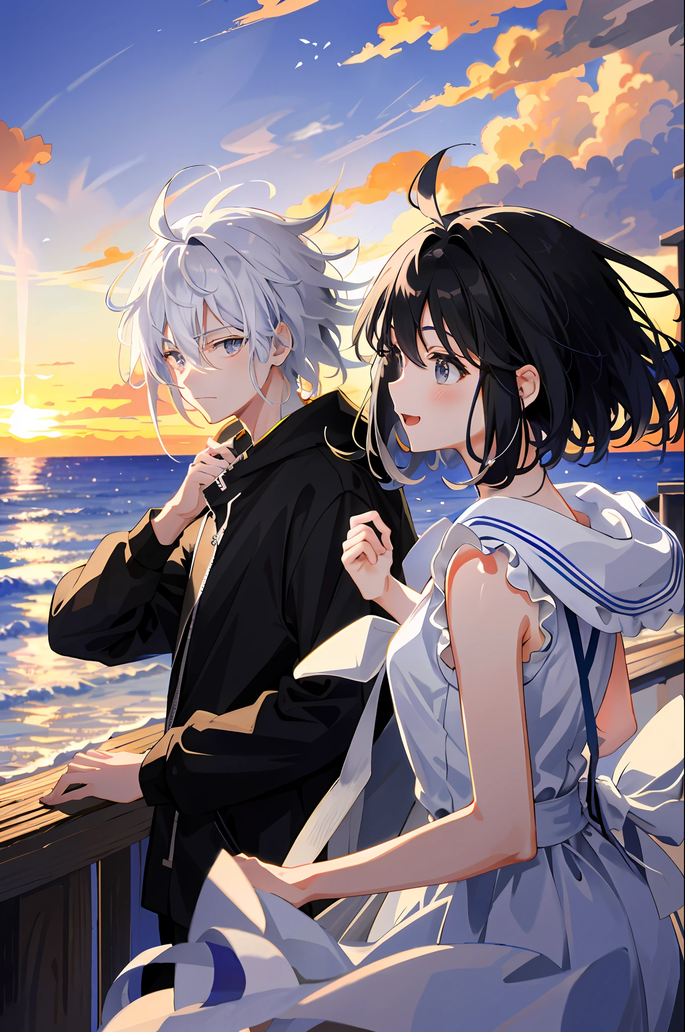 Anime, highest picture quality, extreme light and shadow, master composition, pair of doubles, side view, 15 years old, girl white hair gray eyes happy cute, boy black hair black eyes hair messy arrogant and mean laughter, background seaside, sunset, beautiful sky, shadow enhancement