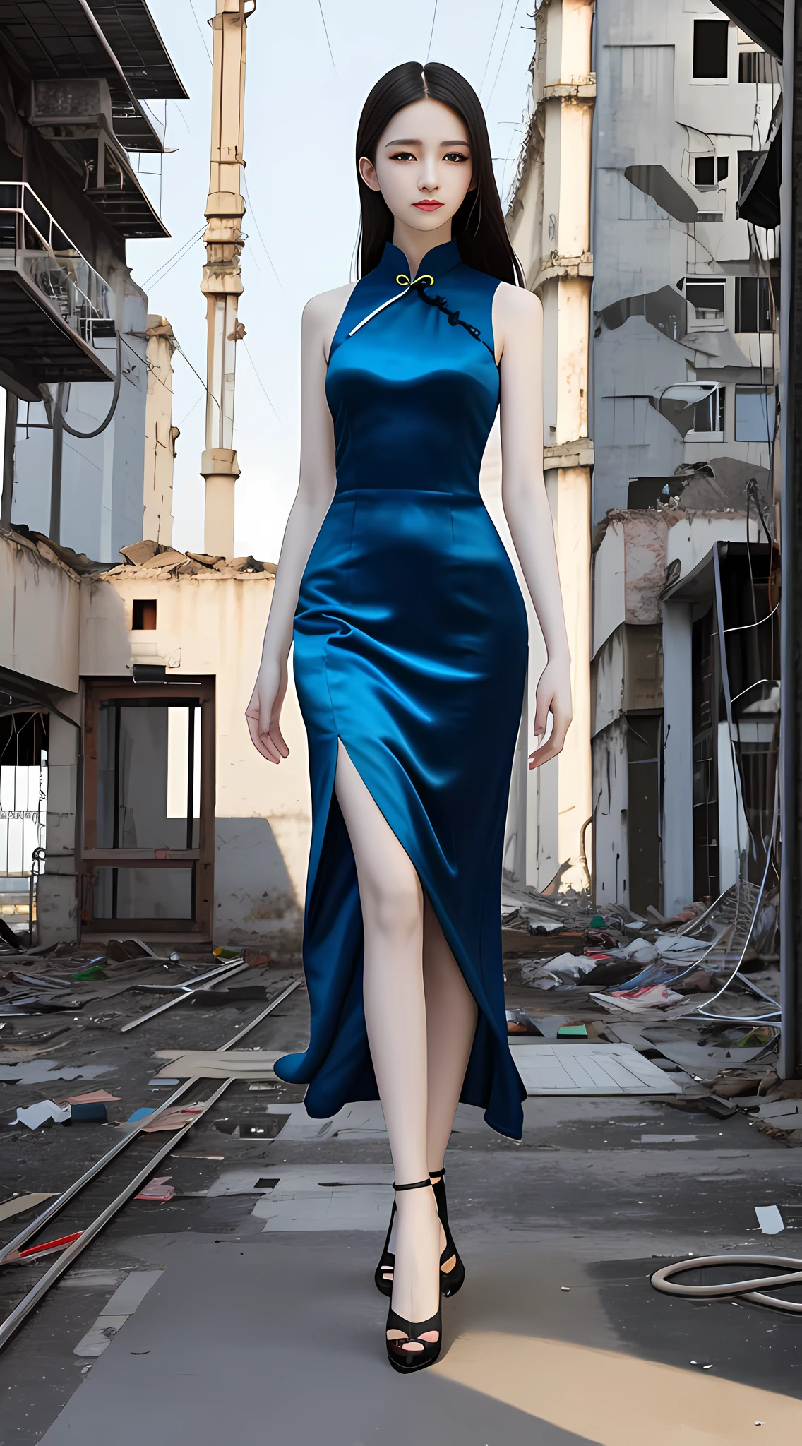 (1girl:1.3), full body, solo, __body parts__ realistic skin, pale skin, big, official art, unified 8k wallpaper, ultra-detailed, beauty and aesthetics, beauty, masterpiece, best quality, in a dilapidated industrial site, calm color palette, peaceful mood, soft shadows, pure girl in colorful cheongsam of various colors, charm,