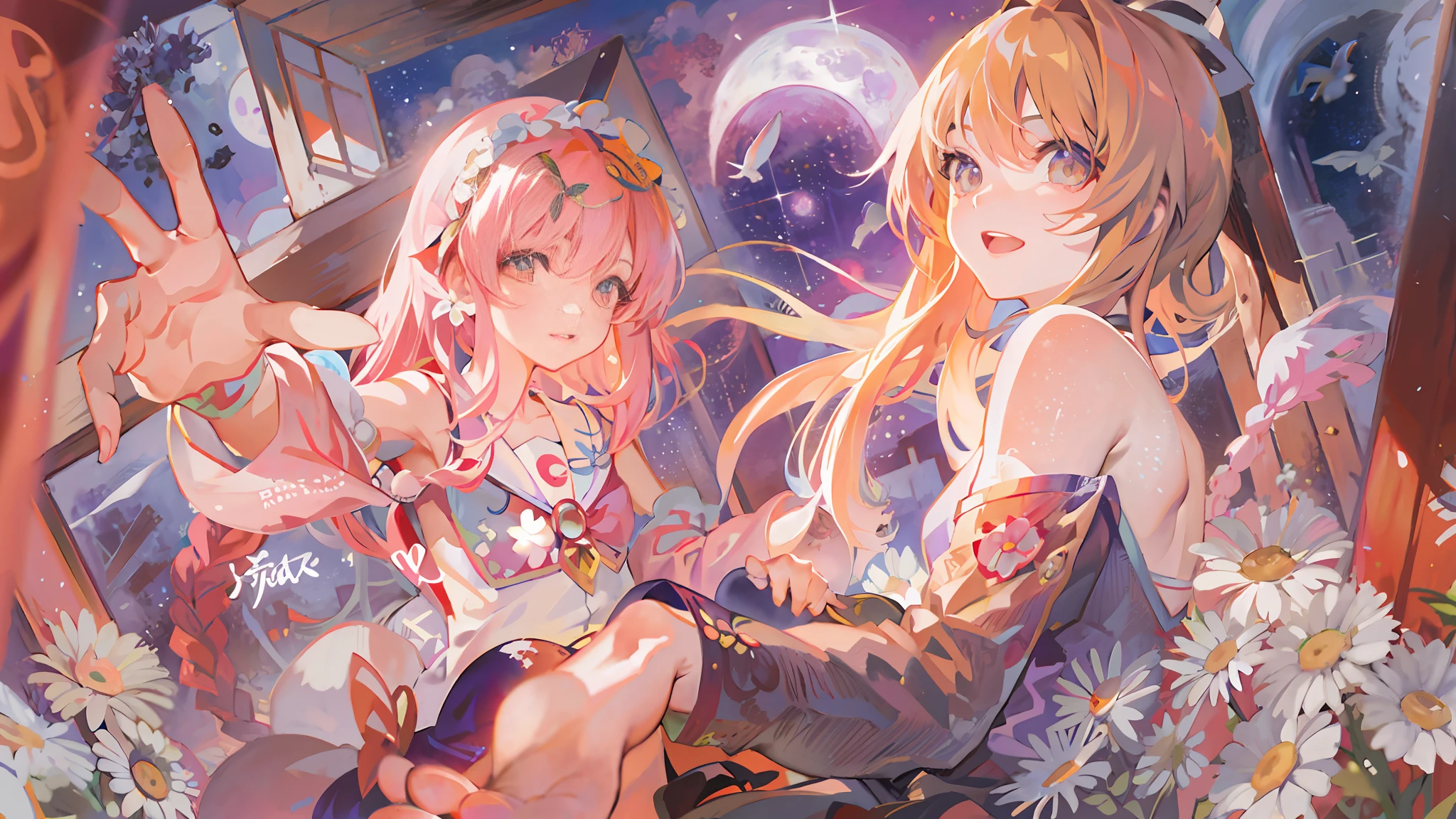 anime characters sitting in a window with daisies and a full moon, anime fantasy illustration, nightcore, anime fantasy artwork, anime style 4 k, dreamy psychedelic anime, wlop and sakimichan, official artwork, 8k high quality detailed art, pixiv style, anime illustration, digital anime illustration, by Kamagurka, detailed digital anime art, pixiv