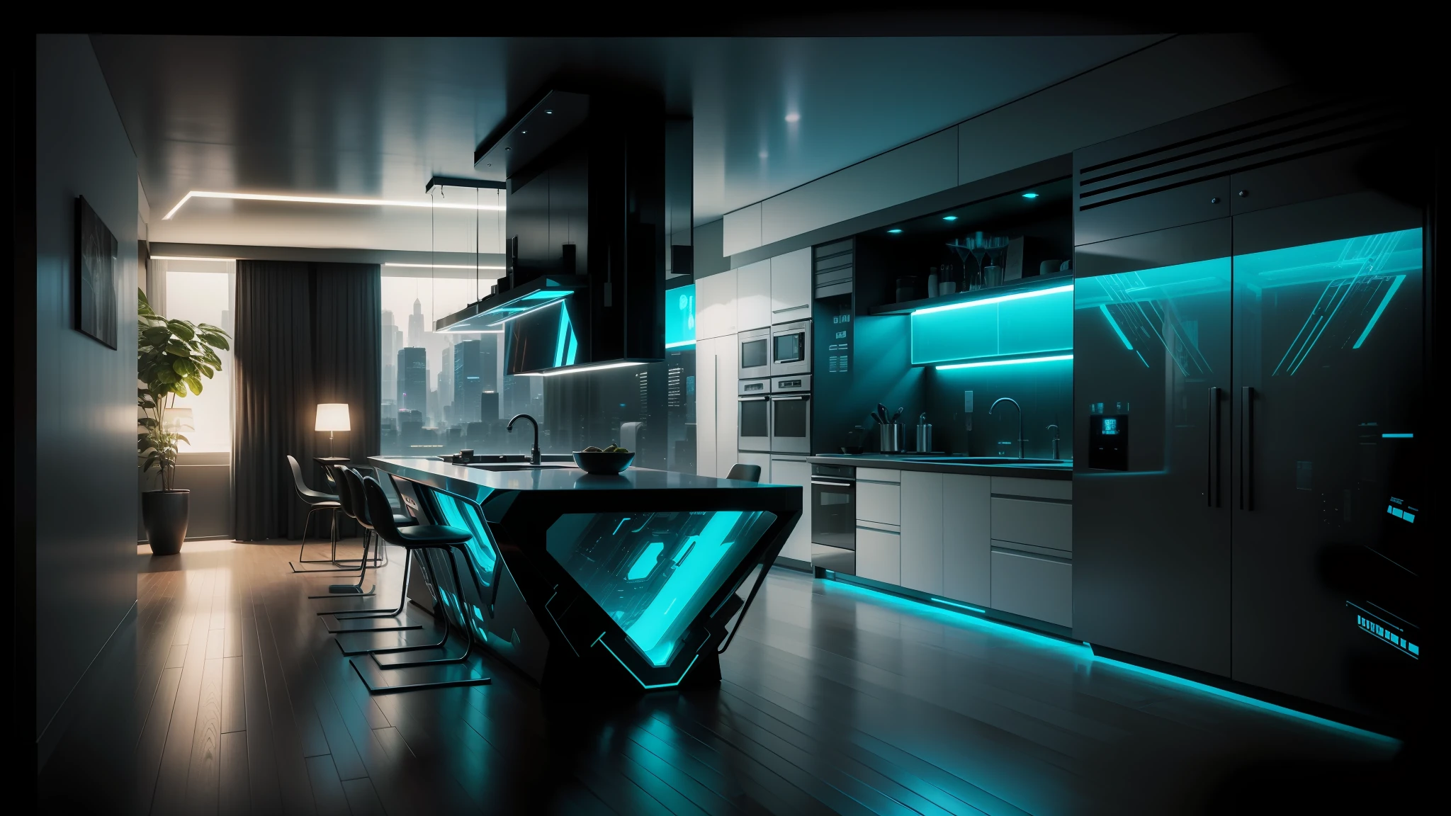 there is a kitchen with a table and chairs in it, futuristic lighting, futuristic dramatic lighting, futuristic decor, the cyberpunk apartment, cyberpunk apartment, futuristic interior, futuristic looking living room, 3d lighting, futuristic room background, futuristic decoration, futuristic room, glowing interior lighting, bladerunner apartment, very beautiful ambient lighting, glowing blue interior components --auto --s2