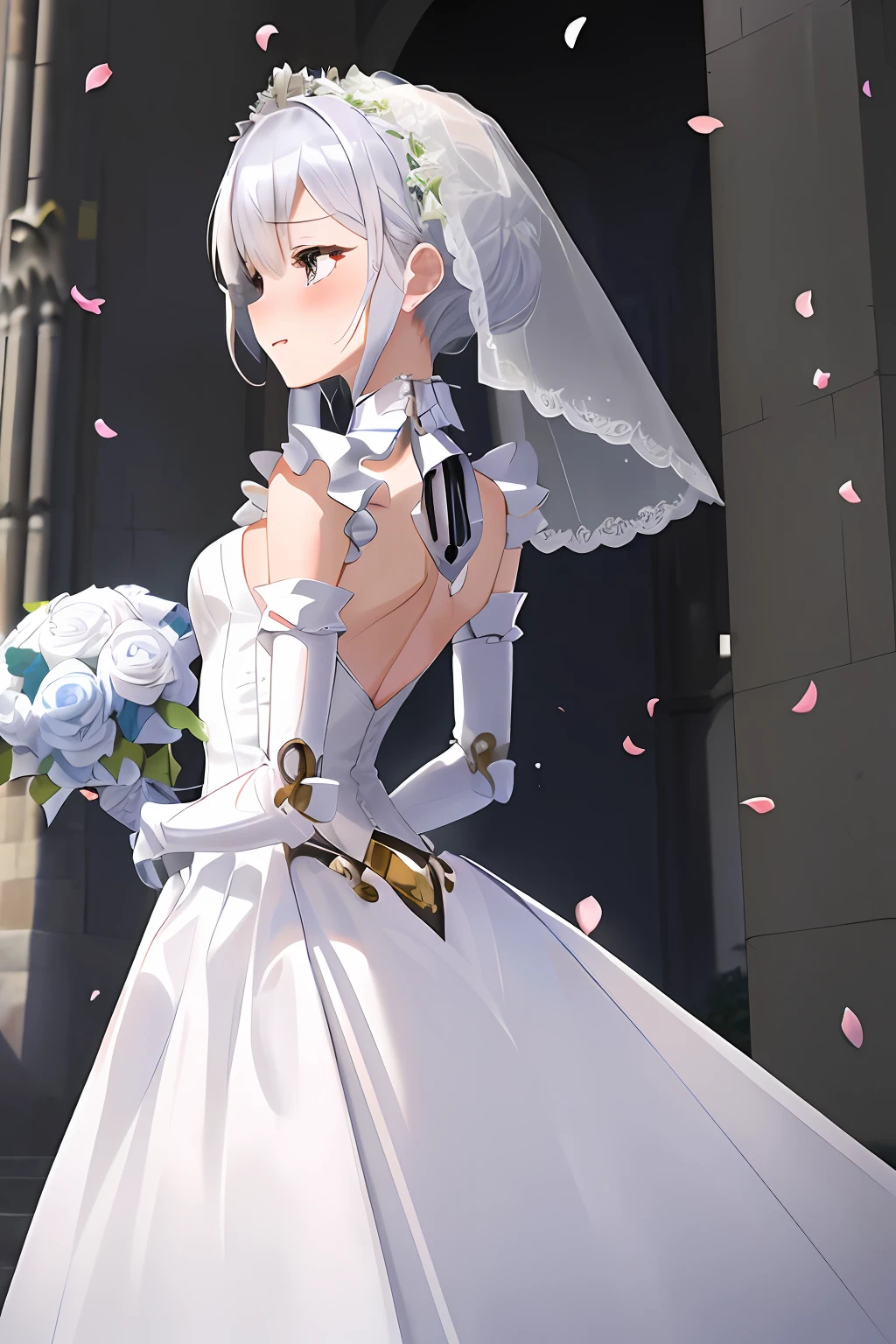 (Maximum resolution, distinct_image) Top quality, masterpiece, very detailed, transcendent beautiful girl, crying face, crying, (crying with joy), wedding dress, wedding bouquet, wedding veil, back focus, silver hair, hair bunch, machine arm, machine neck, beautiful bare back, church, petals fluttering,