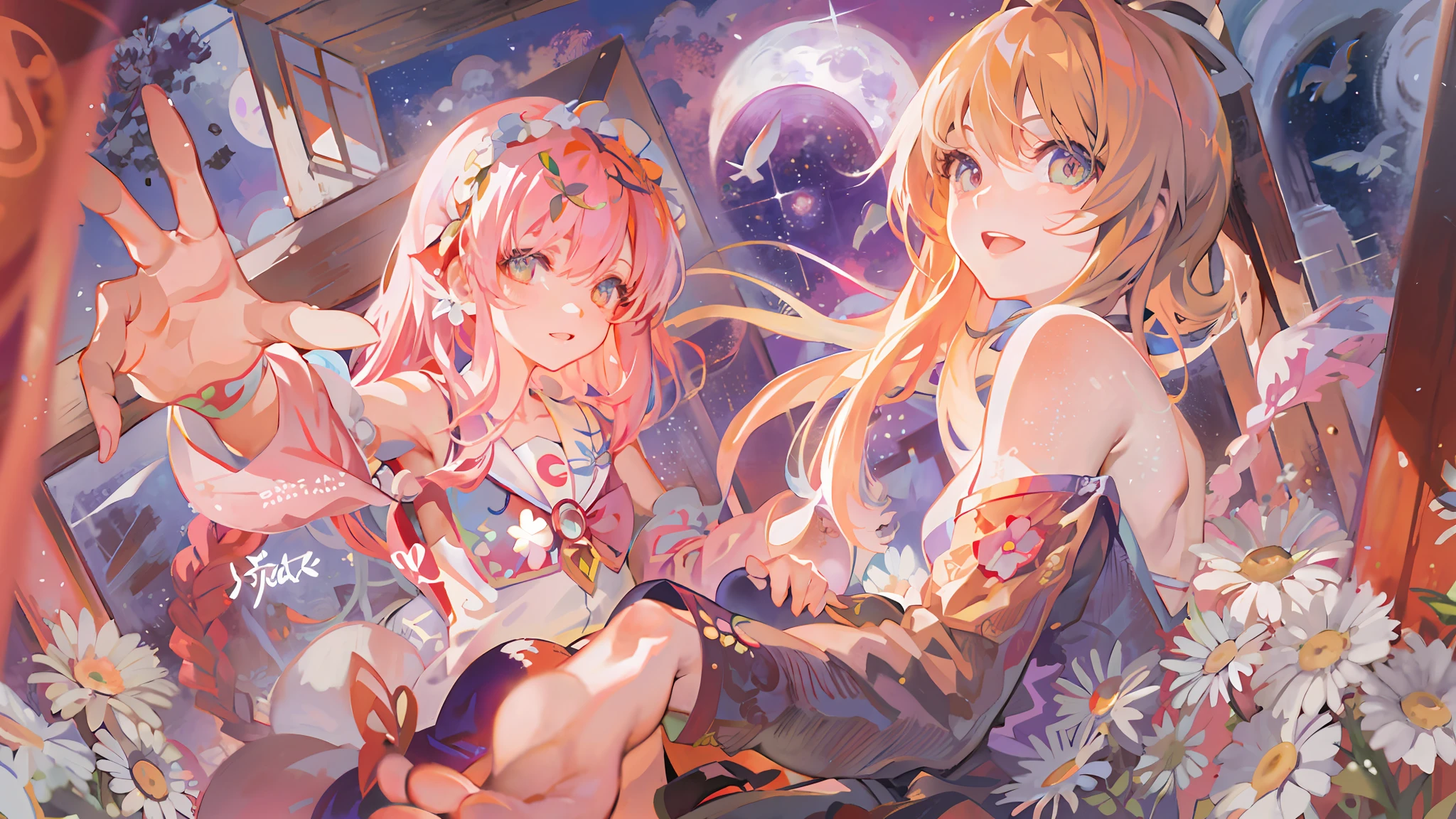 anime characters sitting in a window with daisies and a full moon, anime fantasy illustration, nightcore, anime fantasy artwork, anime style 4 k, dreamy psychedelic anime, wlop and sakimichan, official artwork, 8k high quality detailed art, pixiv style, anime illustration, digital anime illustration, by Kamagurka, detailed digital anime art, pixiv