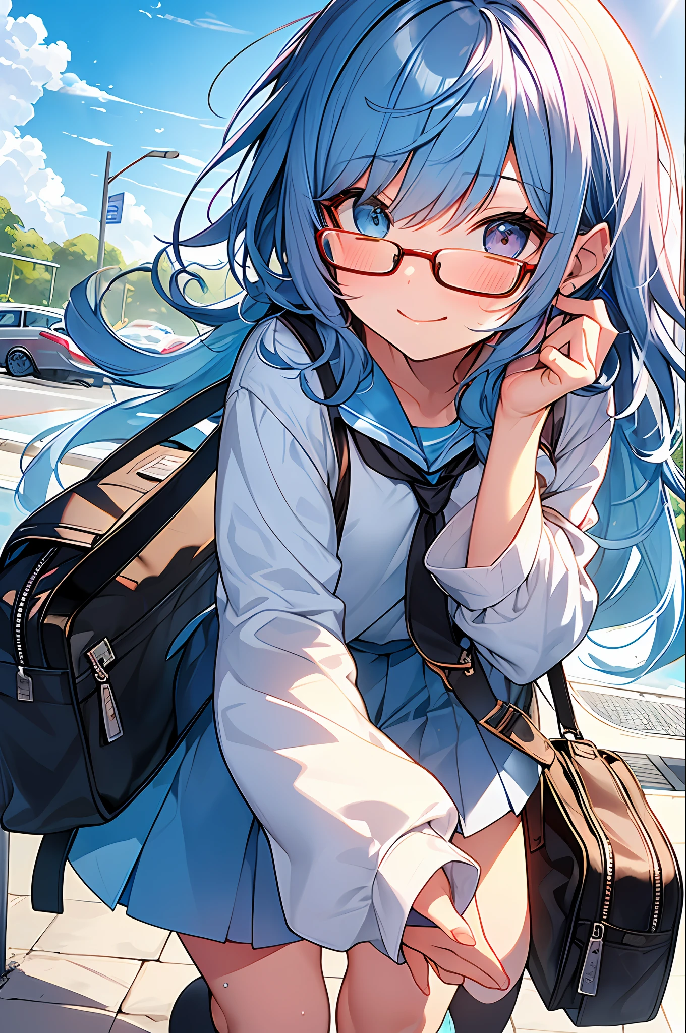 (Masterpiece, Best Quality, Best Quality, Watercolor (Medium), Official Art, Beautiful and Aesthetic: 1.2), (1 Girl: 1.3), (Fractal Art: 1.3), Full Body, Star-shaped Pupil, Viewer's Look, Pattern, (Blue Hair, Light Blue Hair, Half Blue and Half Light Blue Hair: 1.2), Water, Liquid, Cloud, Colorful, Sun, Sunlight, Cheeks Red, Smile, Glasses, Heterochromia, (Colorful: 1.5), Wet, School Uniform, Student Bag