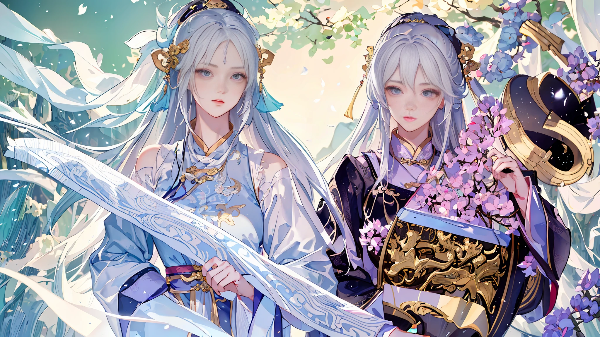 two girl, A girl holds a piano, A girl holds a lute, white hair, xianxia fantasy, CG social popularity, Chinese Tower, Prospect floats, Hair is scattered, motion blur, cinematic lighting, blurry foreground, motion lines, high details, 16k, highres, textured skin, super detail