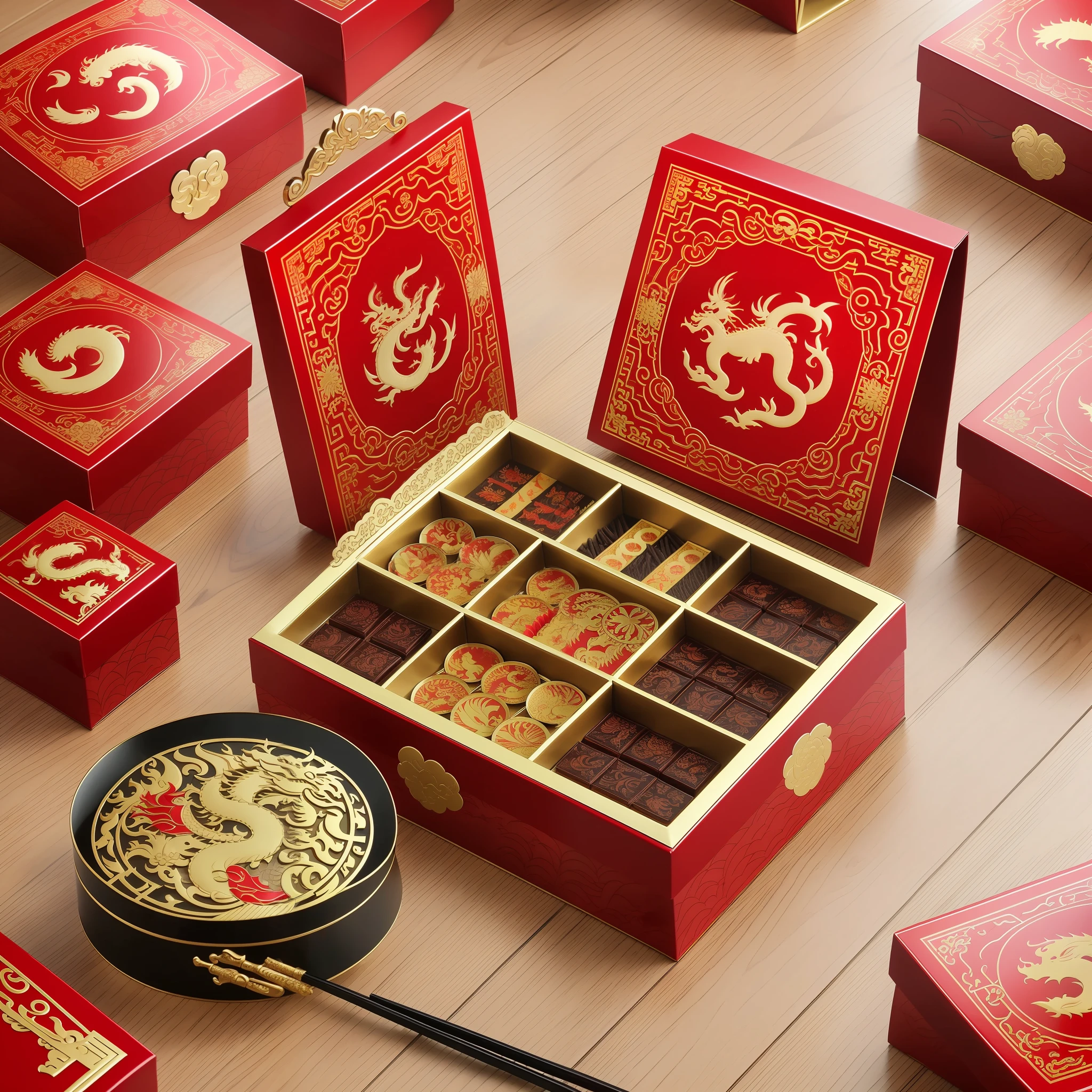 High-end Chinese Dragon Boat Festival gift box, the gift box is open, the gift box is covered with circling dragons, fangs, Chinese dragons, (a detailed close-up picture quality Dragon Boat Festival food gift box), Chinese style is simple and monotonous --auto --s2