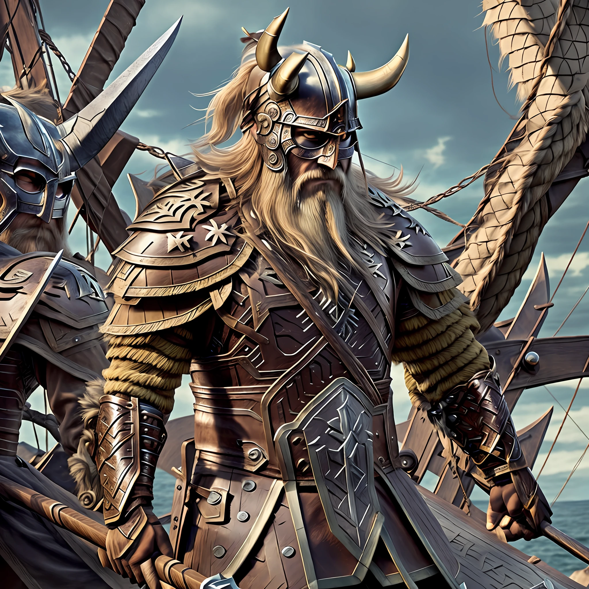 You're a wild Viking, with a long blonde beard and a sharp axe in your hand. You're aboard a Viking ship, sailing the stormy sea in search of loot and conquests. His skin is sunburned and his beard is messed up by the wind. You wear detailed leather armor with metal plates to protect your chest and shoulders. Your blonde hair is caught in a sturdy bun as you lead your crew of brave Viking warriors in search of glory and riches.