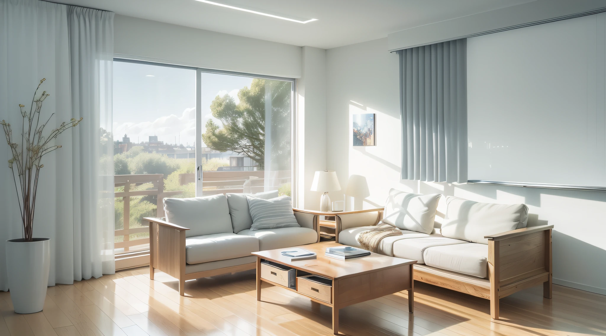 a simple sketch of a beautiful modern living room, (((foster and partners, artists impression, artistic impression, by Hamish MacDonald, by Carey Morris, by David Brewster, higher detailed illustration, by Helen Berman, an illustration, detailed illustration, by Nick Fudge, by Warren Mahy, artist's impression))), a white sofa, with minimal pictures on the wall, linen curtain next to the classroom window, modern wood, ceiling with magnetic emissive lighting, white fabric PRB textures, wooden floor PRB texture,