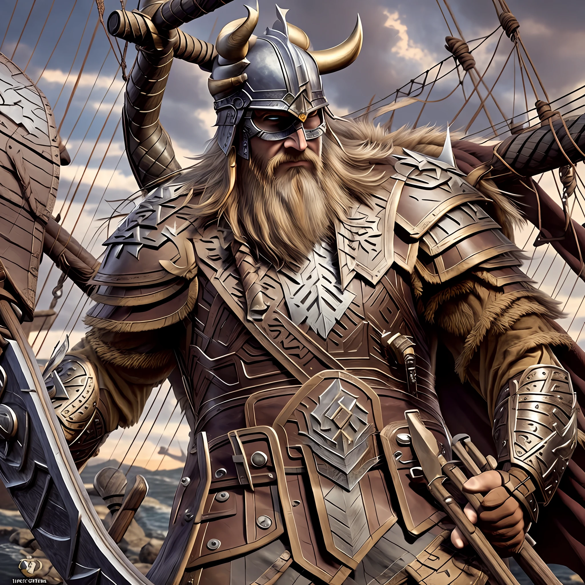 You're a wild Viking, with a long blonde beard and a sharp axe in your hand. You're aboard a Viking ship, sailing the stormy sea in search of loot and conquests. His skin is sunburned and his beard is messed up by the wind. You wear detailed leather armor with metal plates to protect your chest and shoulders. Your blonde hair is caught in a sturdy bun as you lead your crew of brave Viking warriors in search of glory and riches.