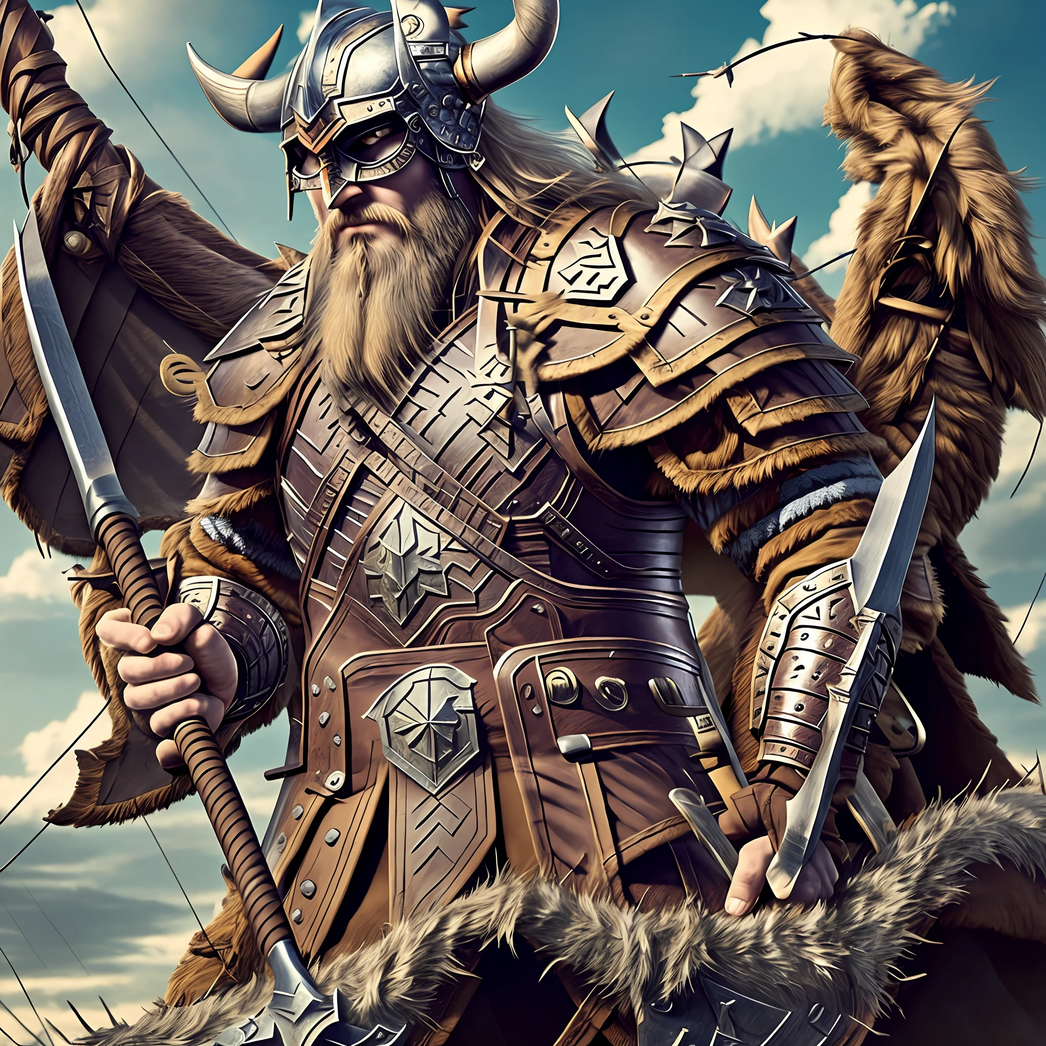 You're a wild Viking, with a long blonde beard and a sharp axe in your hand. You're aboard a Viking ship, sailing the stormy sea in search of loot and conquests. His skin is sunburned and his beard is messed up by the wind. You wear detailed leather armor with metal plates to protect your chest and shoulders. Your blonde hair is caught in a sturdy bun as you lead your crew of brave Viking warriors in search of glory and riches.