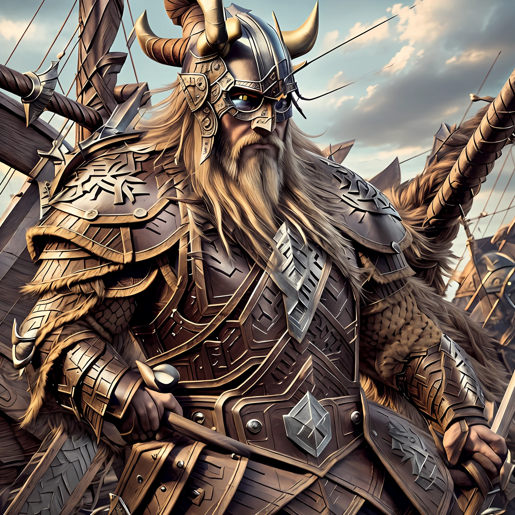 You're a wild Viking, with a long blonde beard and a sharp axe in your hand. You're aboard a Viking ship, sailing the stormy sea in search of loot and conquests. His skin is sunburned and his beard is messed up by the wind. You wear detailed leather armor with metal plates to protect your chest and shoulders. Your blonde hair is caught in a sturdy bun as you lead your crew of brave Viking warriors in search of glory and riches.