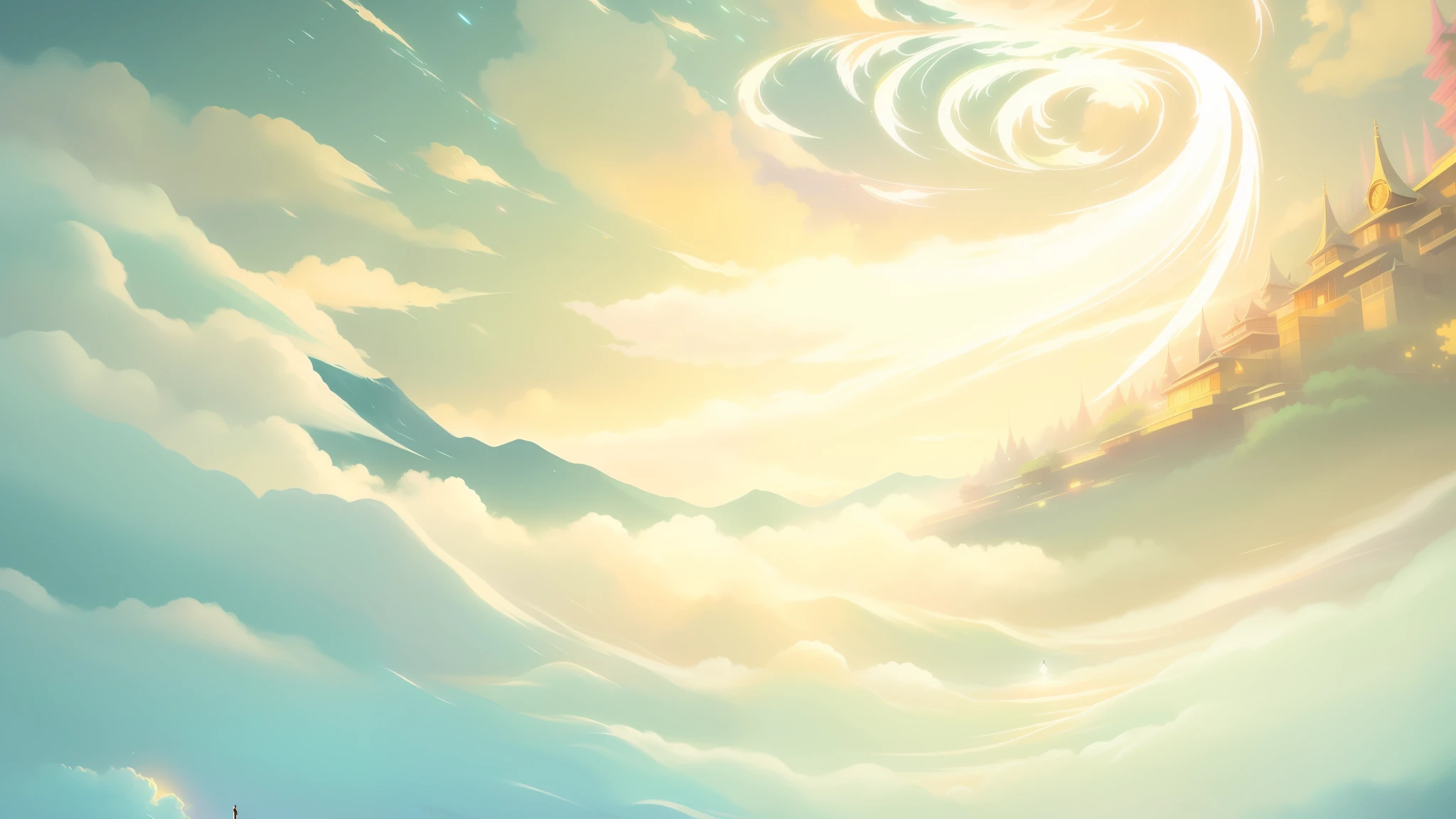 a detailed painting inspired by Tosa Mitsuoki, pixiv, process art, makoto shinkai cyril rolando, detailed soft painting, soft digital painting, ethereal background, luminous sky heaven background, low detailed. digital painting, godrays digital painting, motion blur, best quality, highres, high details, high quality, 4K
