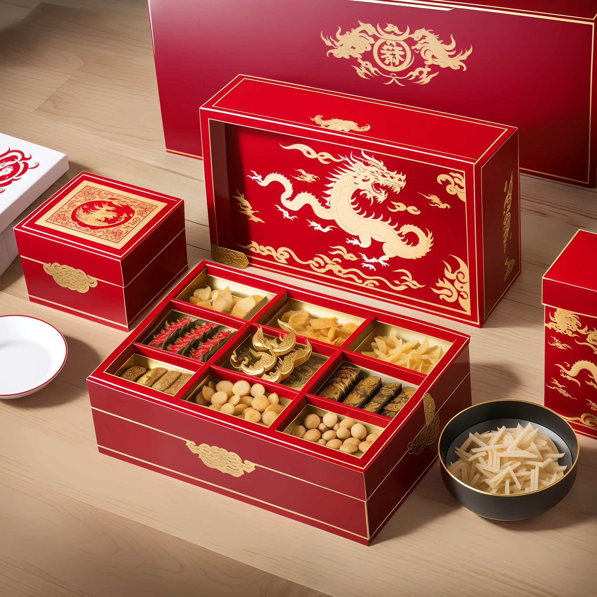 High-end Chinese Dragon Boat Festival gift box, the gift box is open, the gift box is covered with circling dragons, fangs, Chinese dragons, (a detailed close-up picture quality Dragon Boat Festival food gift box), Chinese style is simple and monotonous --auto --s2