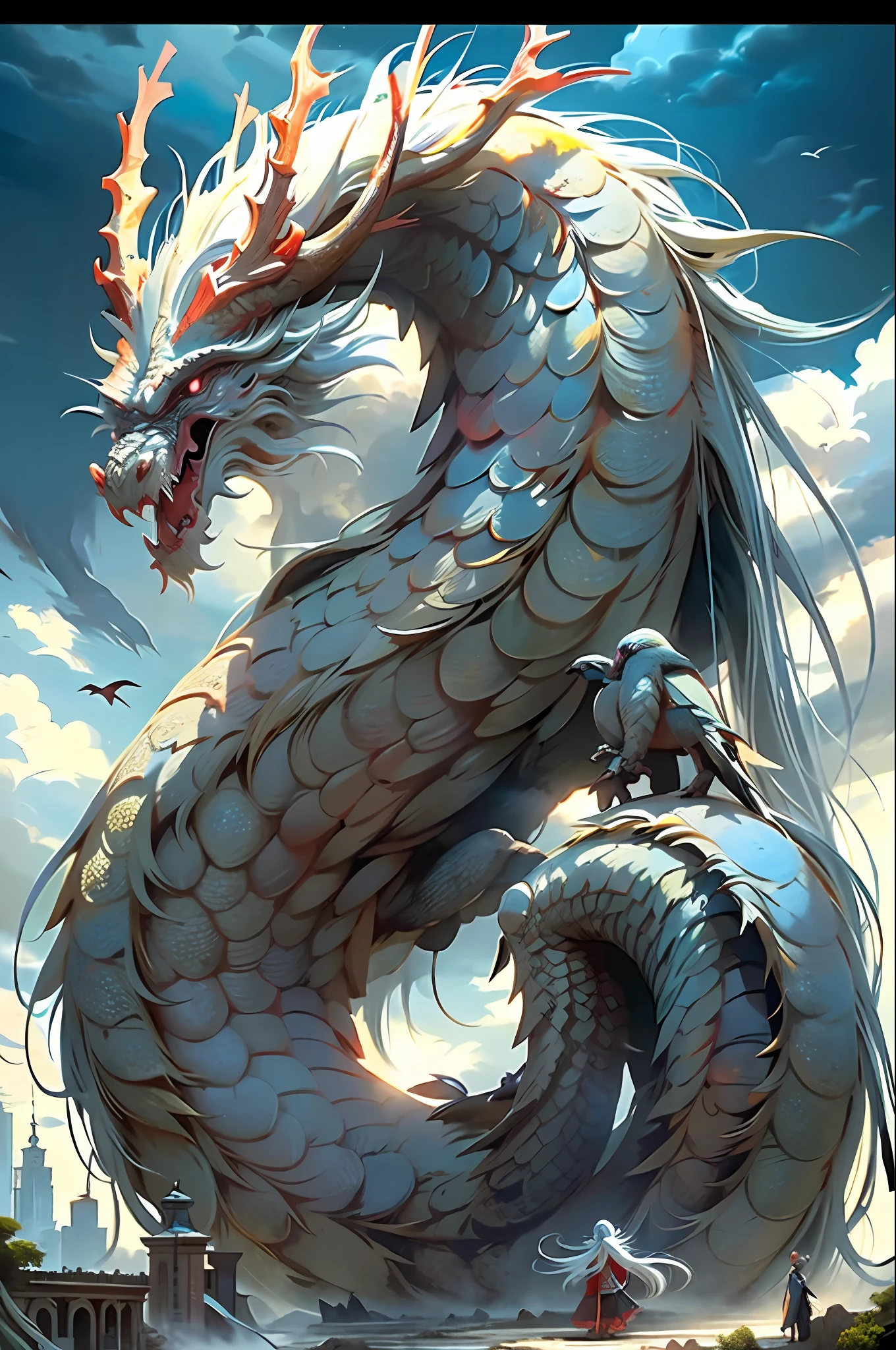 Best quality,masterpiece,ultra high res,nu no humans, (long:1.2),long hair, sharp teeth, red eyes, teeth, giant, 1girl, bird, outdoors, standing, scales, cloud, horns, from behind, armor, sky, open mouth, monster, size difference, white hair, building