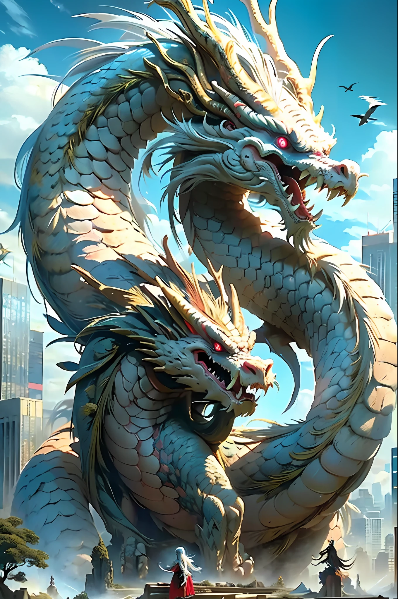 Best quality,masterpiece,ultra high res,nu no humans, (long:1.2),long hair, sharp teeth, red eyes, teeth, giant, 1girl, bird, outdoors, standing, scales, cloud, horns, from behind, armor, sky, open mouth, monster, size difference, white hair, building