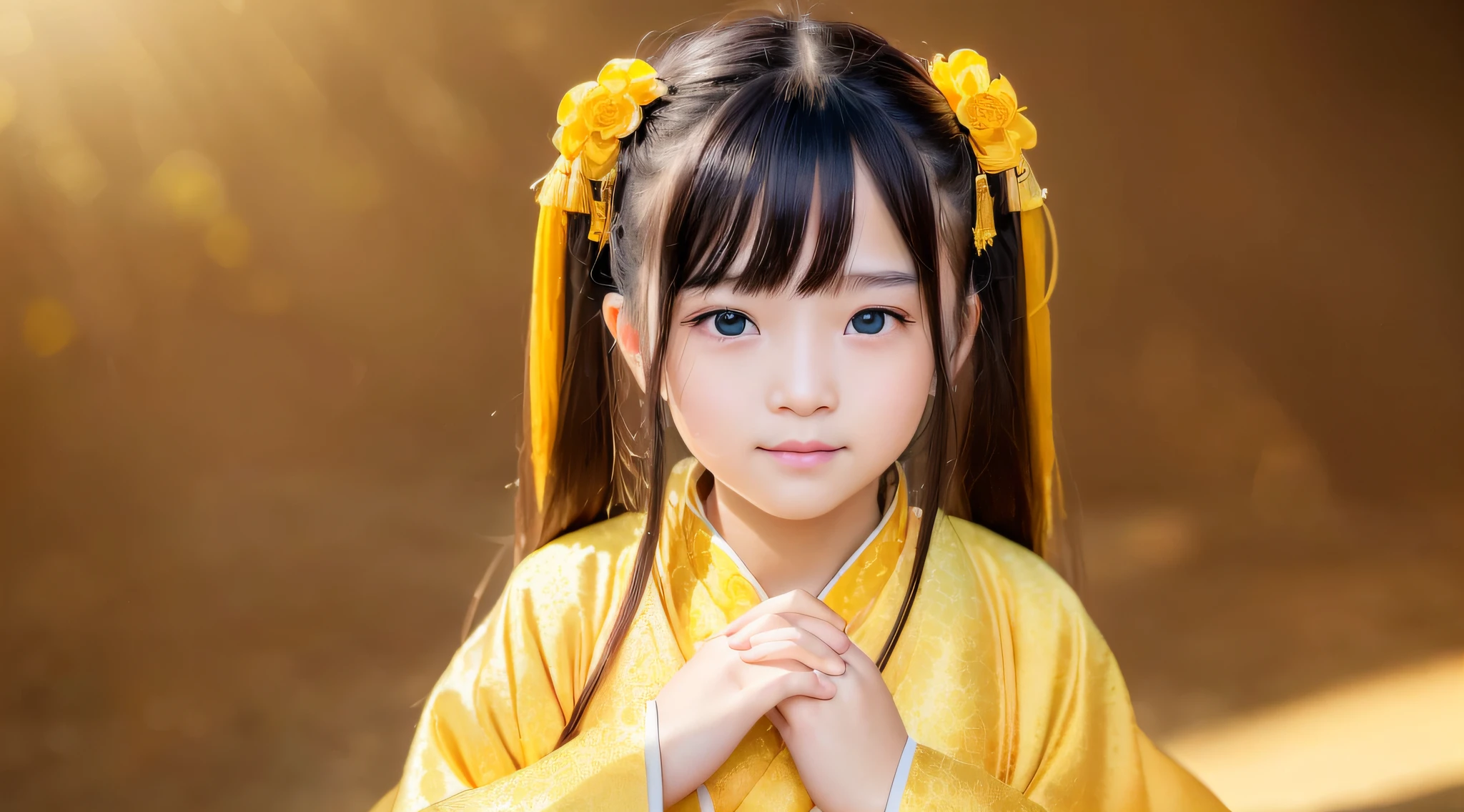 (ultra high res, photorealistic, realistic, best quality, photo-realistic), (highly detailed skin, visible pores), (real person, photography), (((yellow hanfu, Chinese style)))), realistic, YELLOW background, upper body, (8k, raw photo, best quality, masterpiece), (1 girl RUSSIAN BLONDE CHILD PORTRAIT ), photon mapping, radiosity, physics-based rendering, automatic white balance, ((haunting smile, long hair)), watery eyes, (blush|cute and playful|lovely|thin|thick bangs|beauty|twintail|hair bun,),(looking at the viewer),(irises and pupils are rounded,pupil reflects the environment,eyes are not the same size),