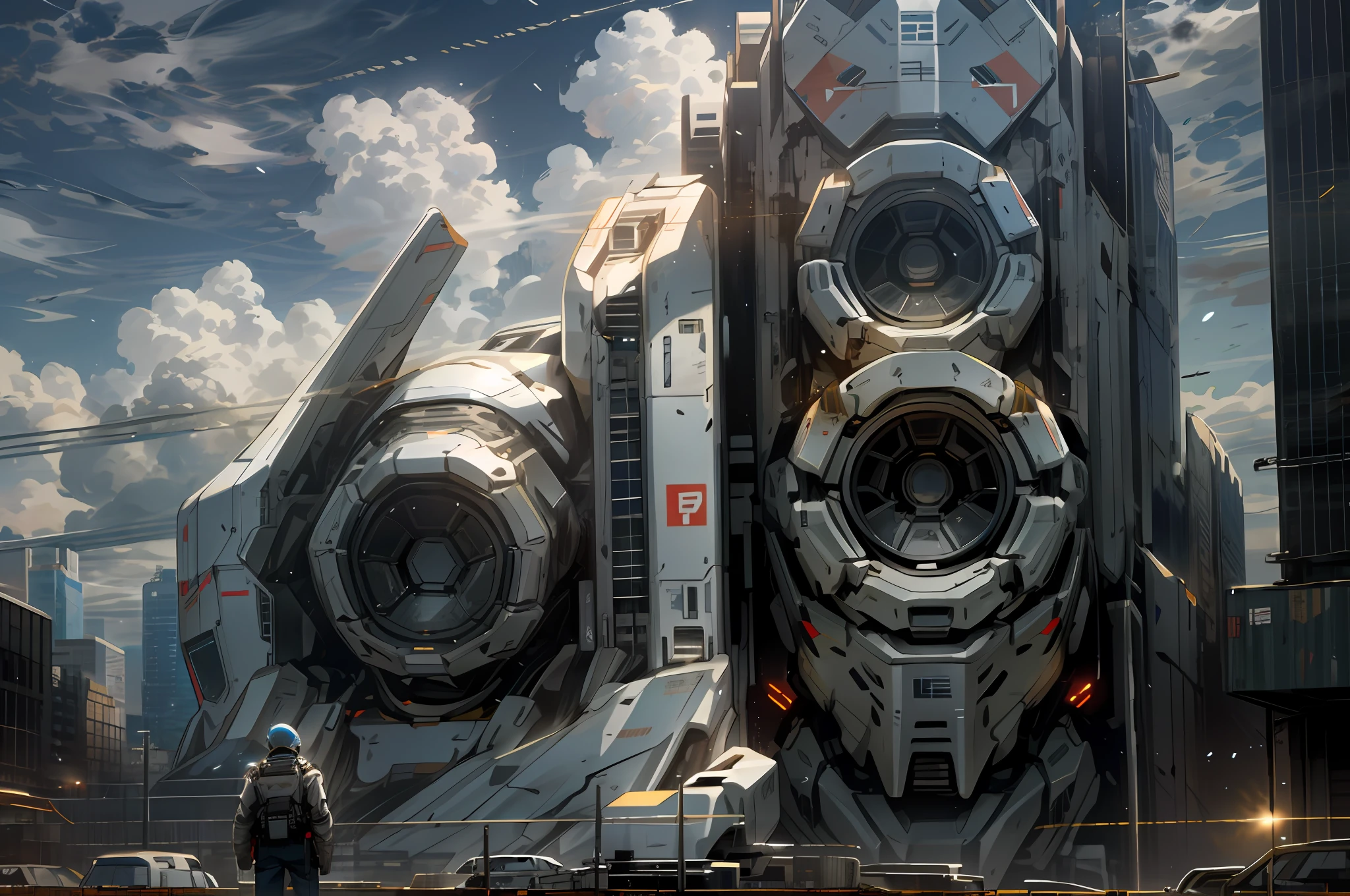 sky, cloud, holding_weapon, no_humans, glowing, , robot, building, glowing_eyes, mecha, science_fiction, city, realistic,mecha